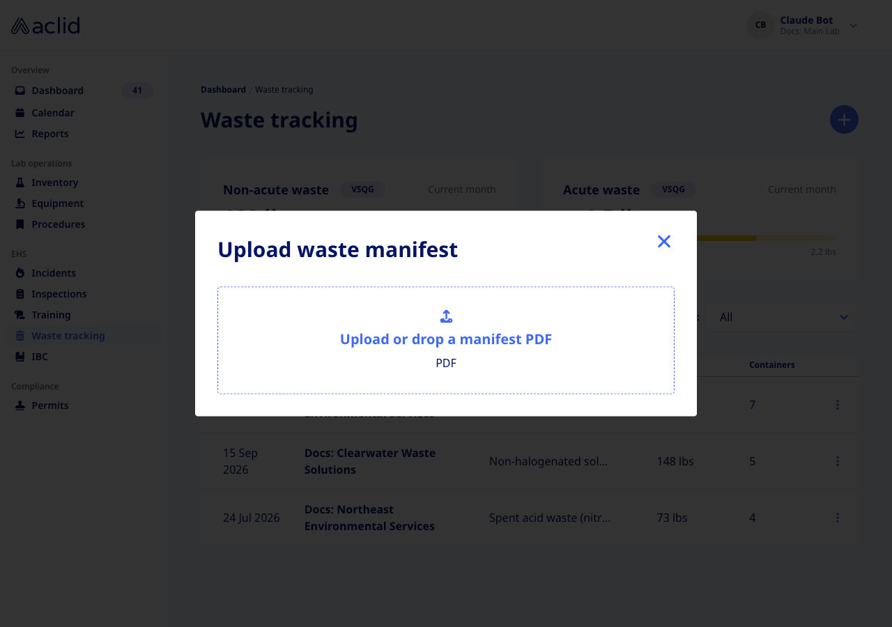 Upload waste manifest dialog with the PDF drop zone