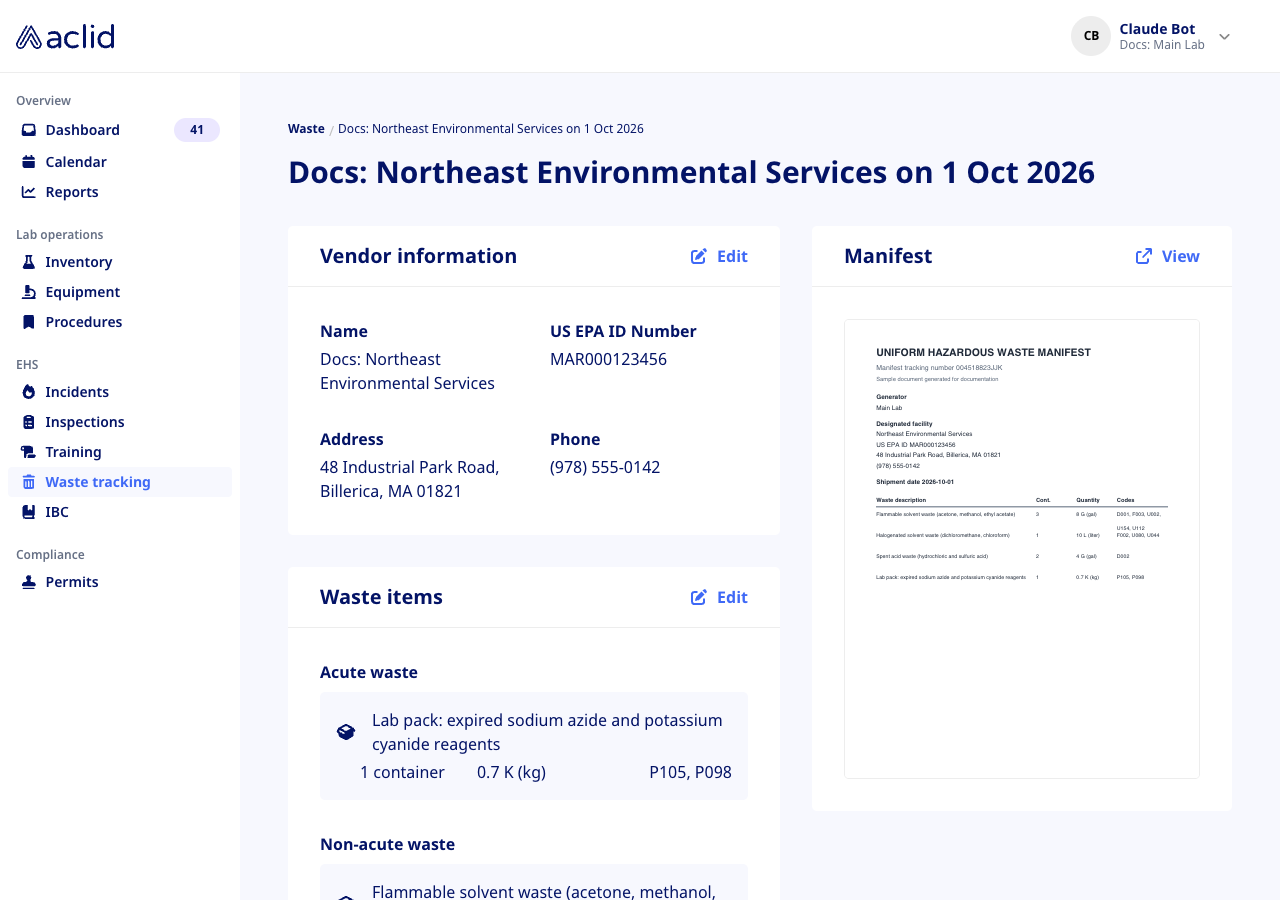 Waste manifest page with Vendor information, Waste items and Manifest cards