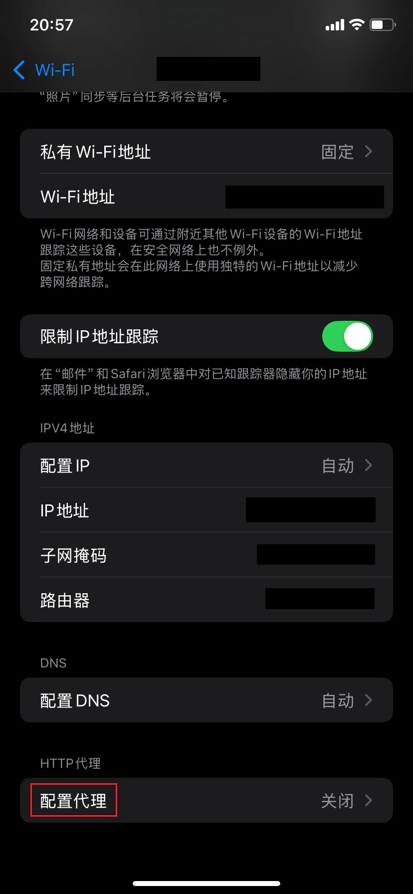 網路詳情中的配置代理選項