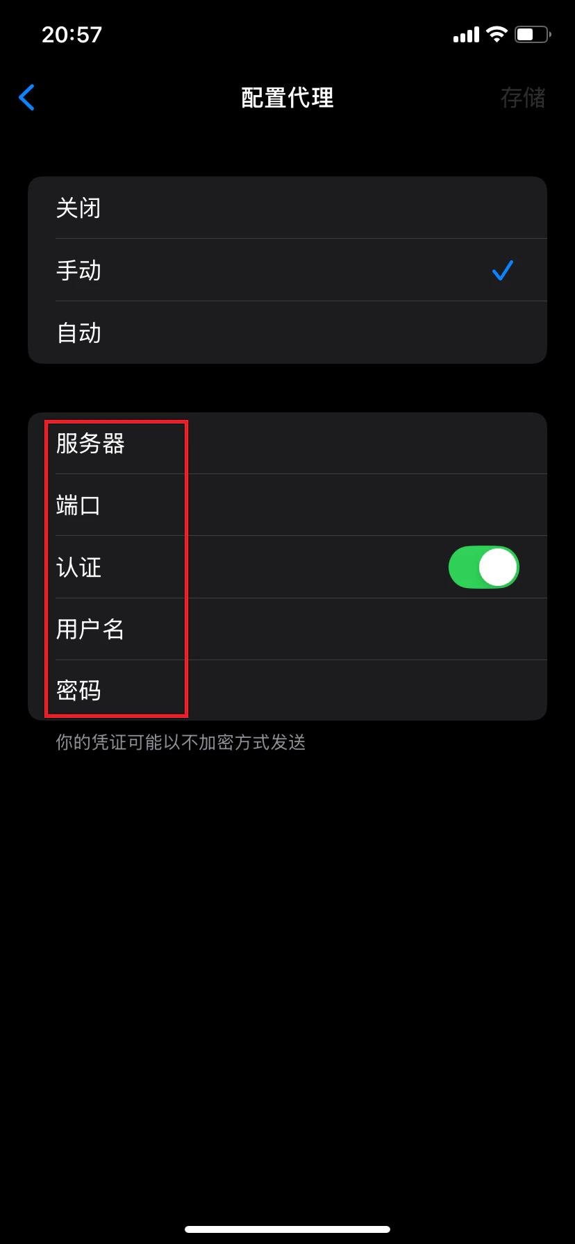 手動代理資訊填寫介面