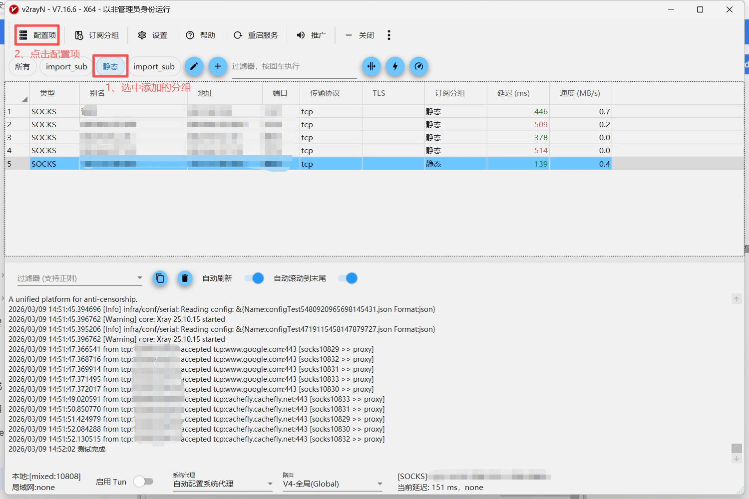 v2rayN 代理协议选择界面