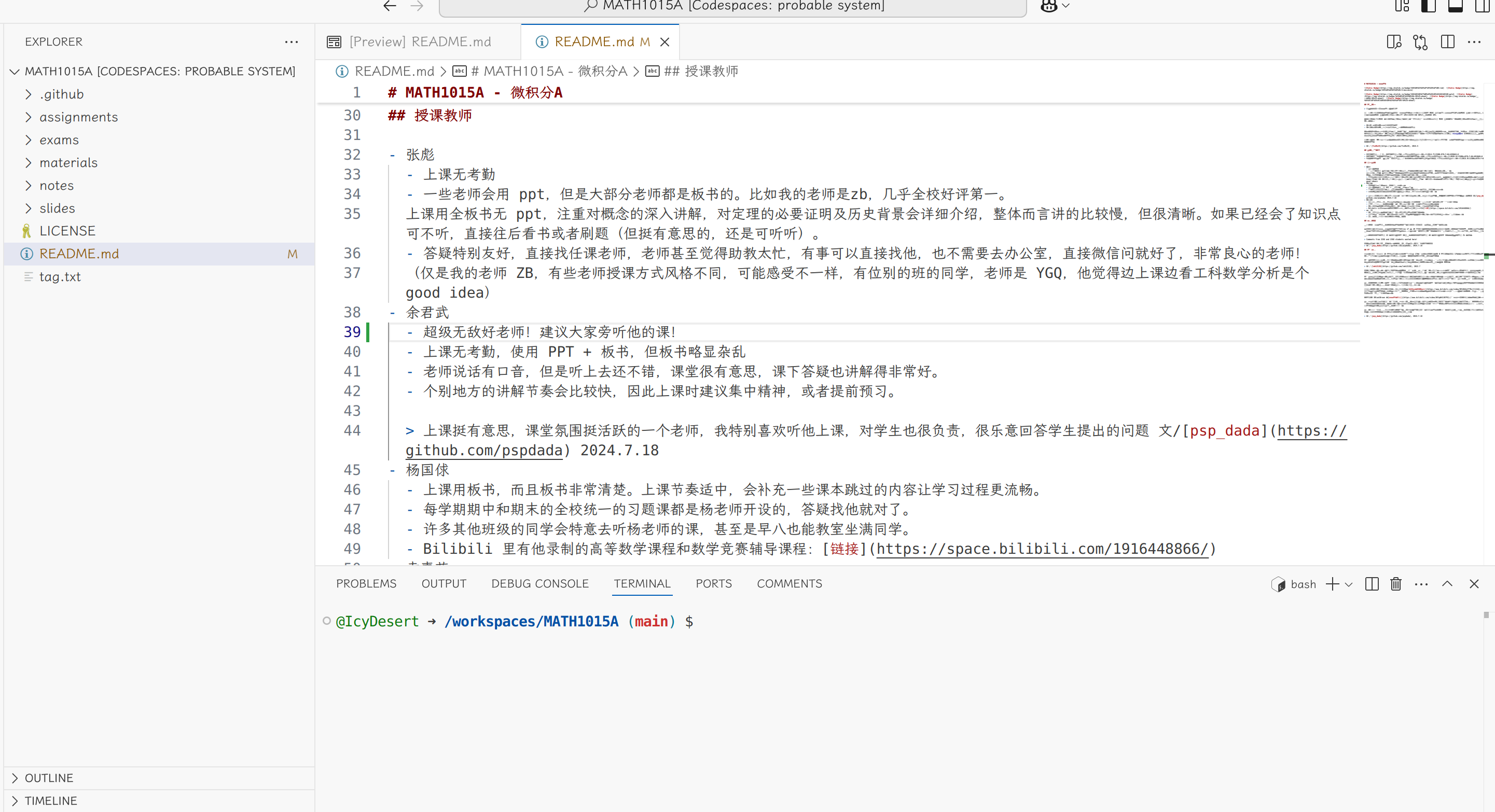 GitHub Codespaces 的编辑界面，含文件树、编辑区和终端