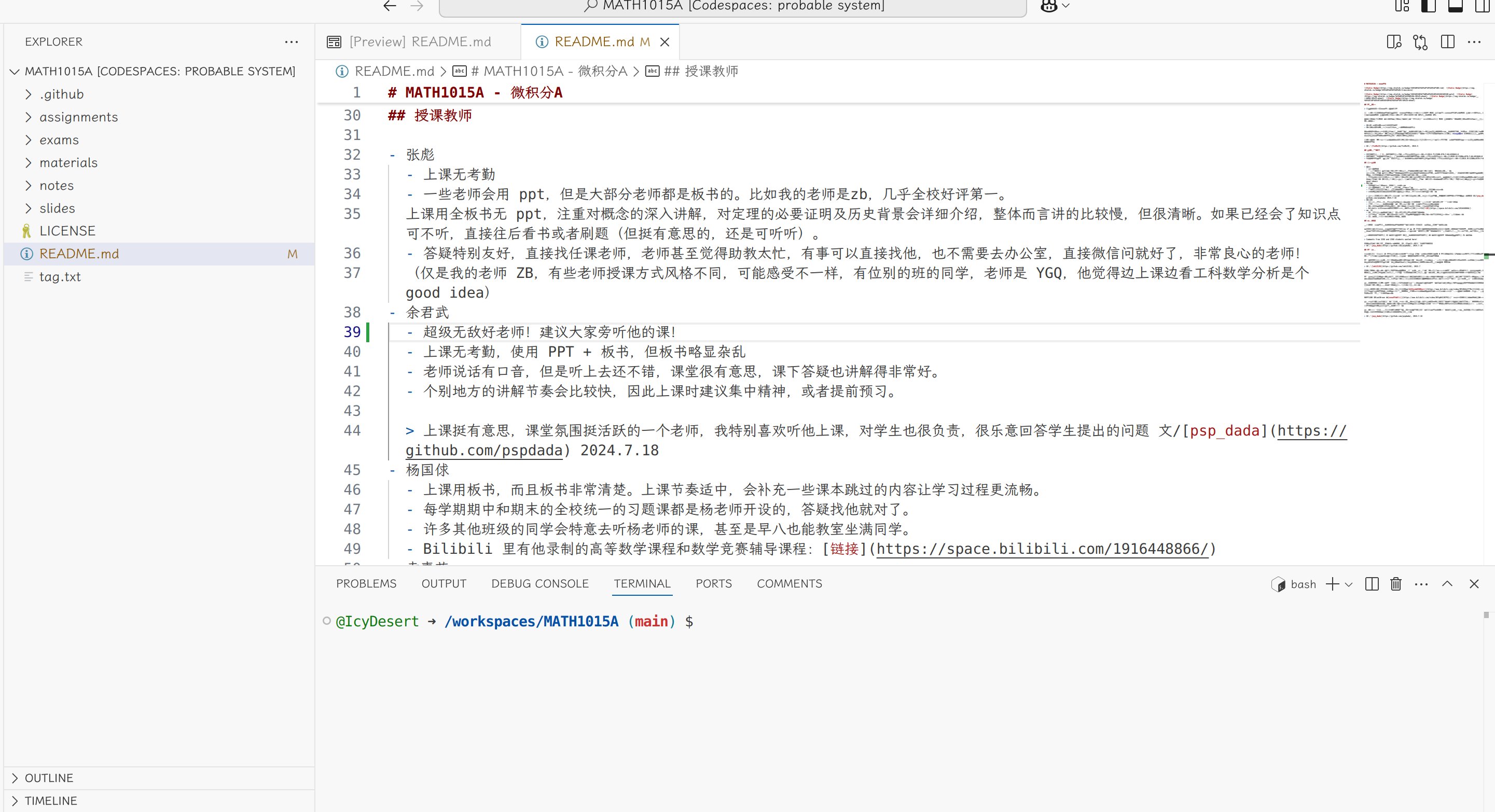 GitHub Codespaces 的编辑界面,含文件树、编辑区和终端