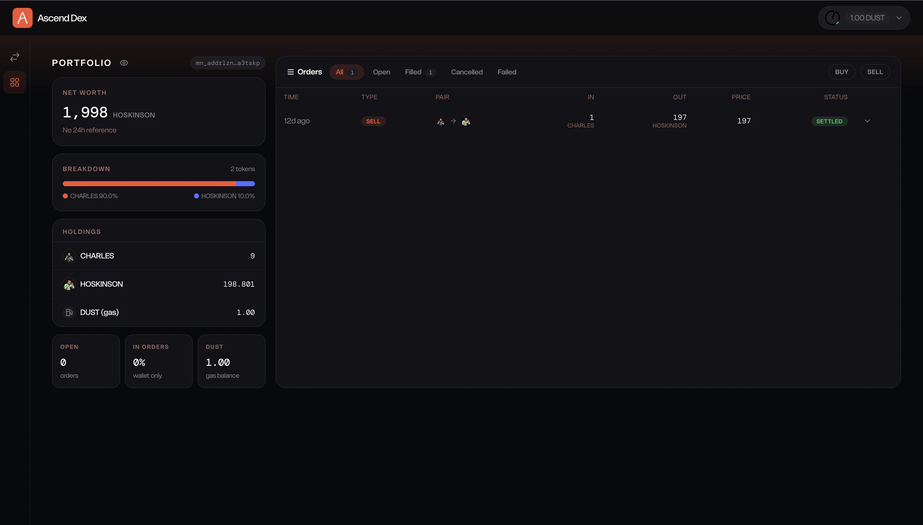 Ascend DEX order history view on Midnight Mainnet