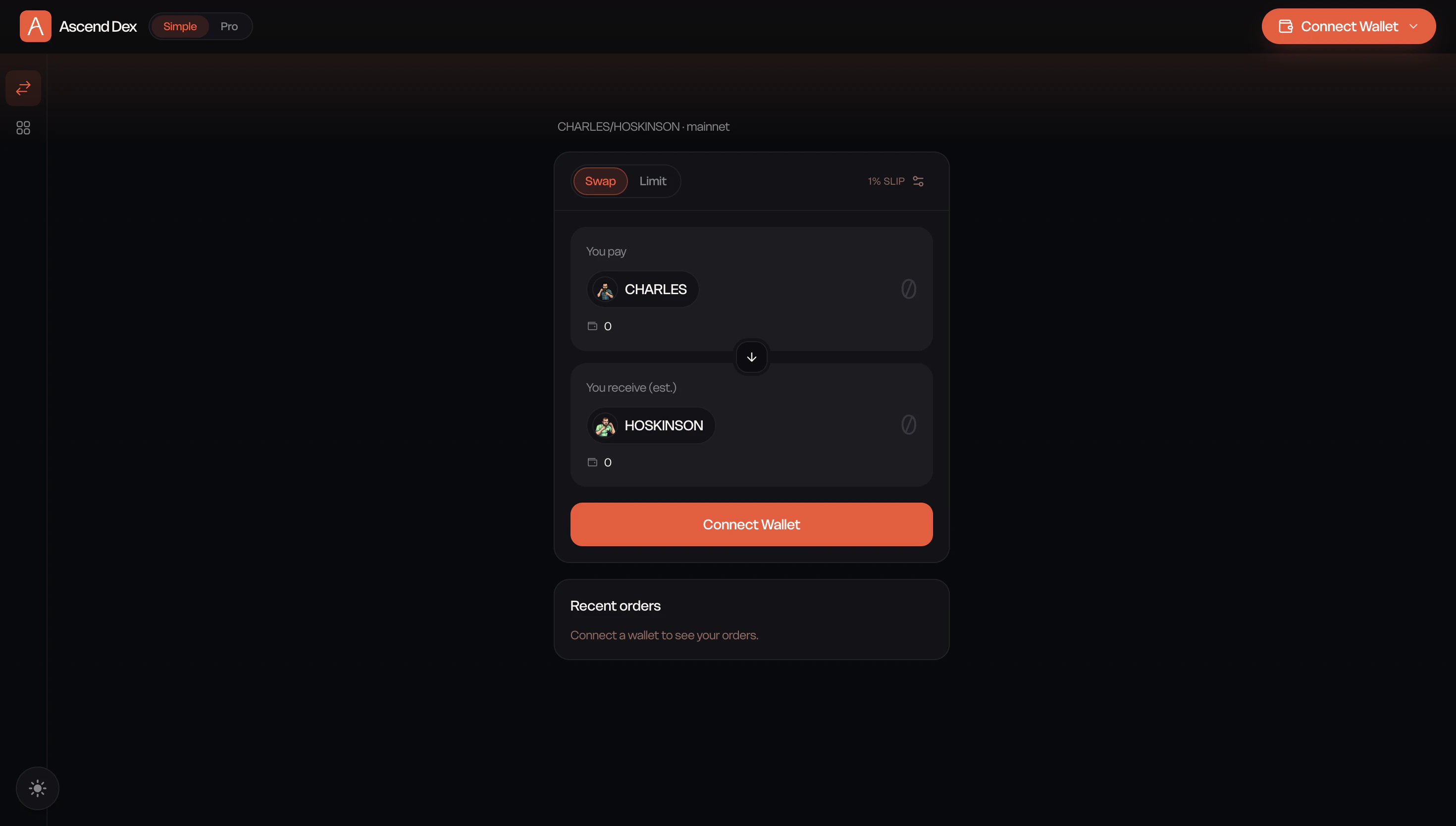 Ascend DEX simple swap interface on Midnight Mainnet