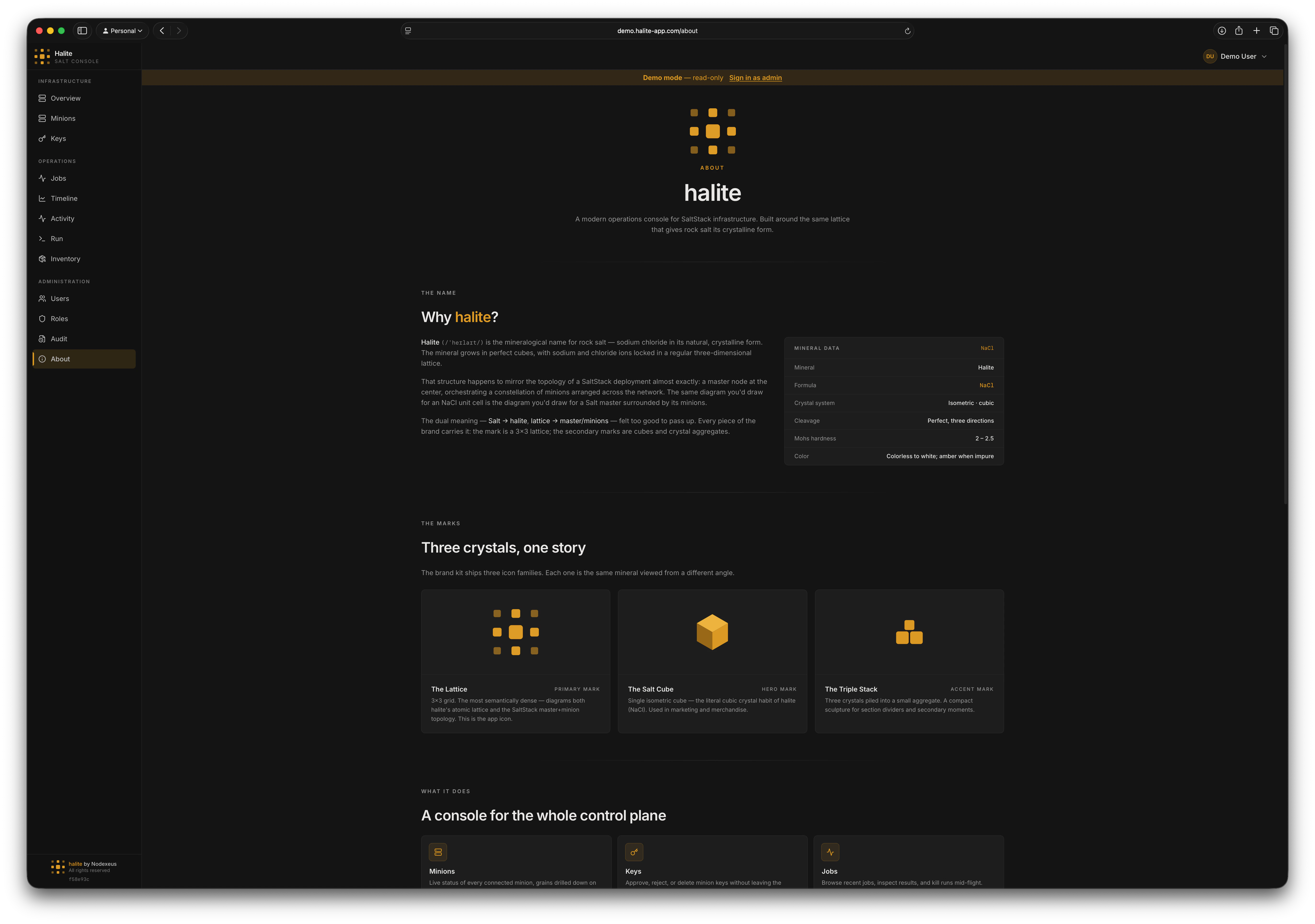 The Halite About page with the lattice brand mark, NaCl mineral fact card, three mark families, and amber color swatches