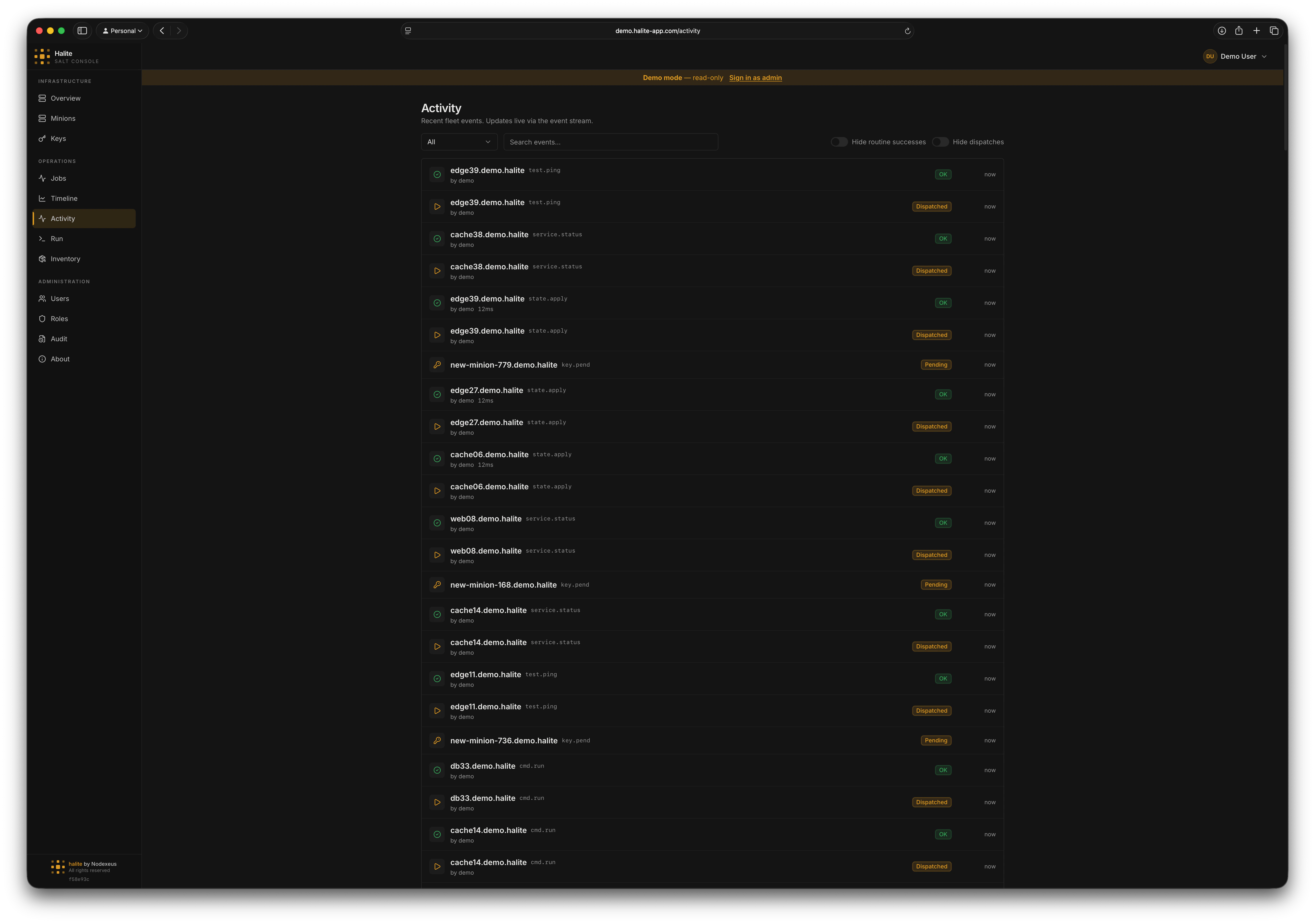 Halite Activity page showing the recent activity from the event stream