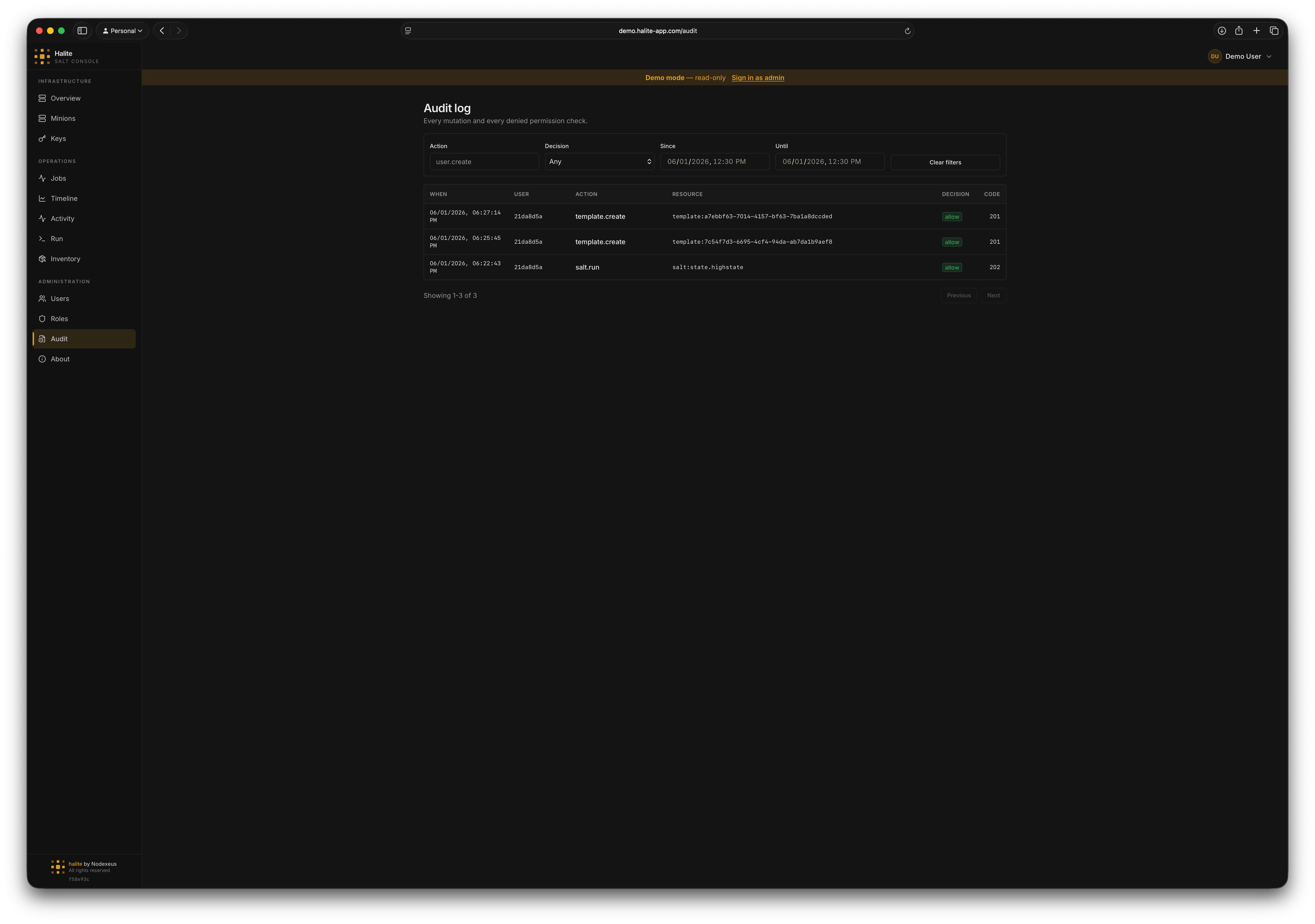 Table of audit entries with timestamp, user, action, resource, decision, and result code columns