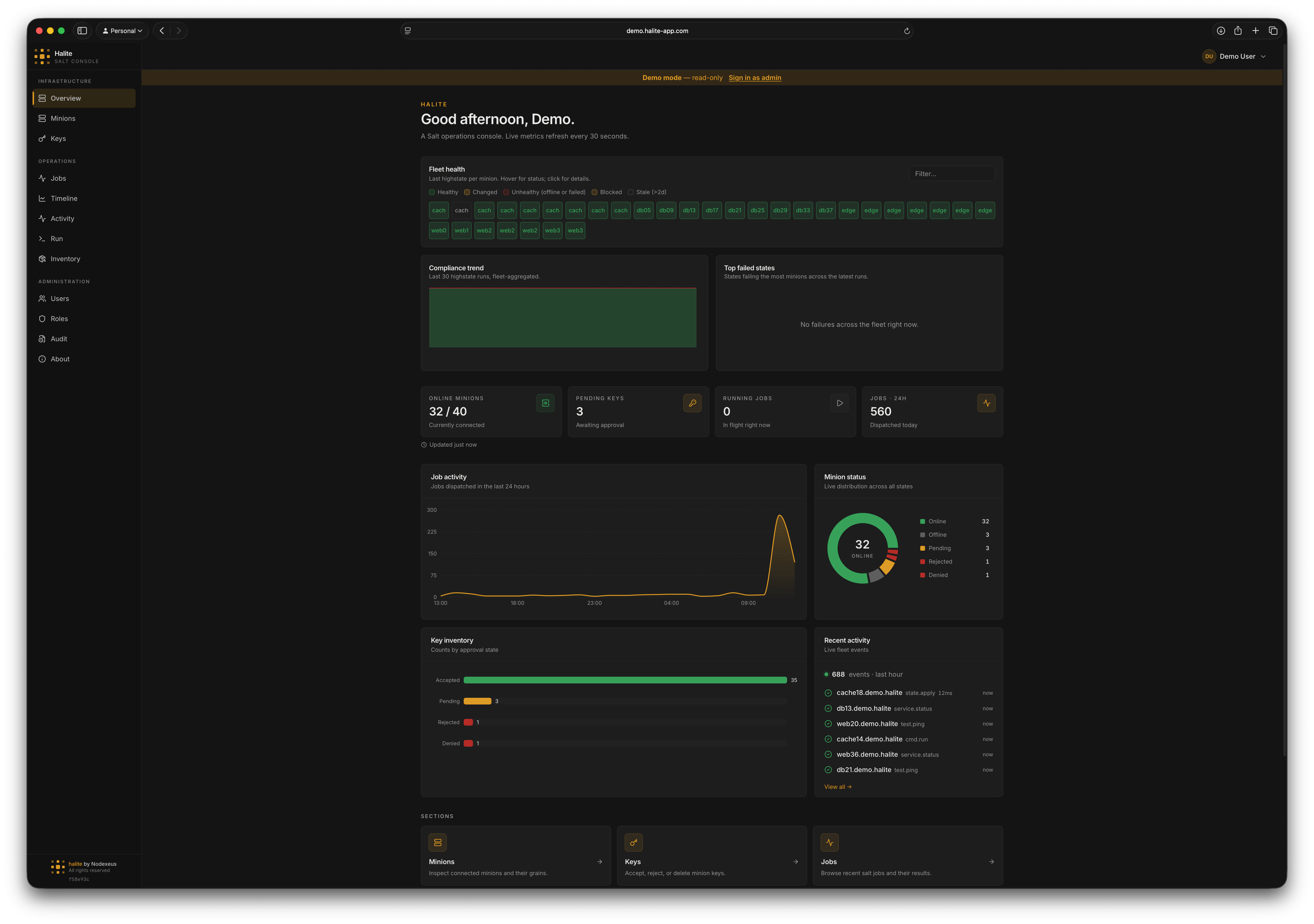 Halite dashboard showing KPIs, minion-status donut, 24-hour job-activity chart, and key-status bar