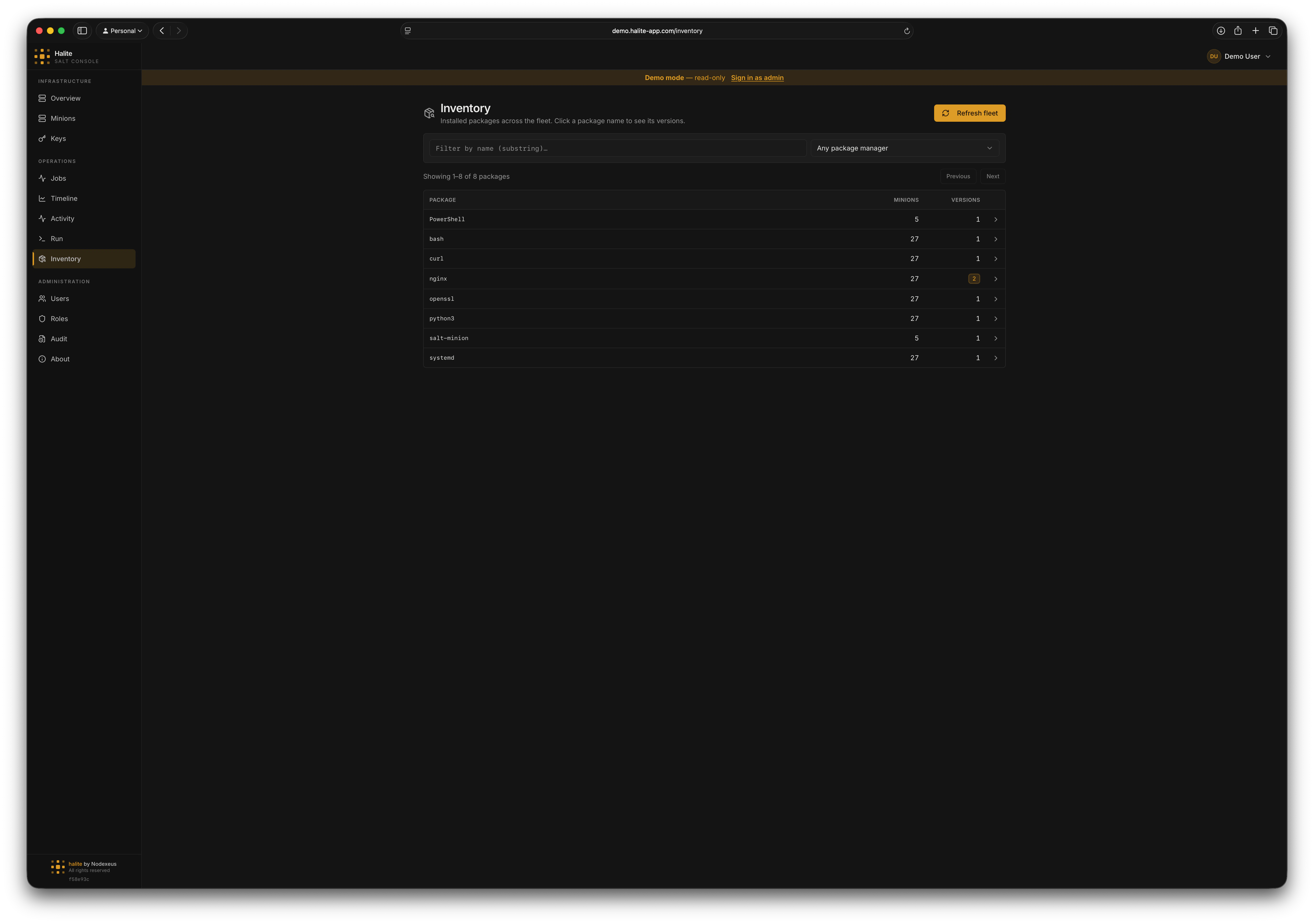 Table of packages with name, minion count, version count, and last-seen timestamp