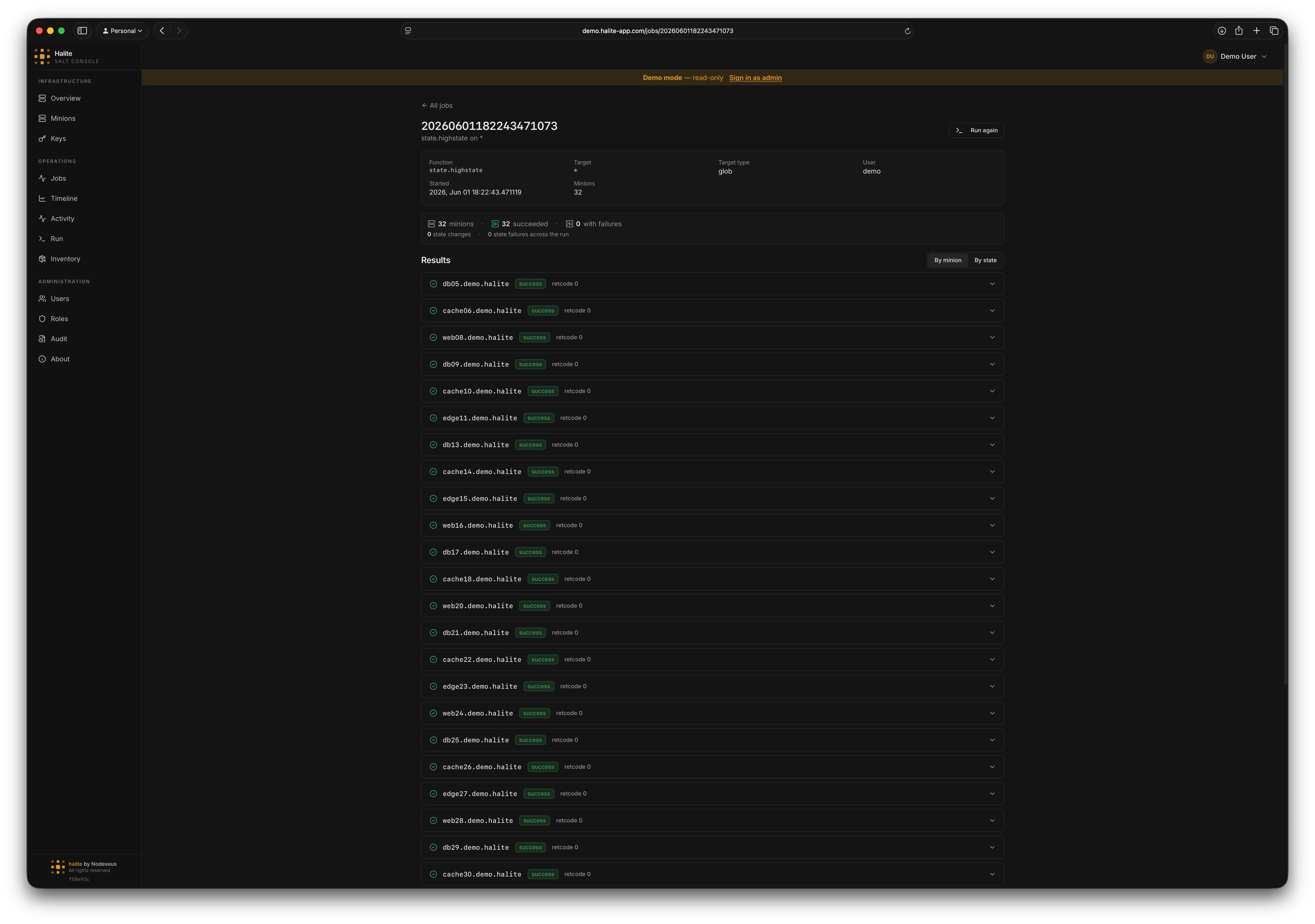 Job detail view with per-minion result rows and highstate parsing