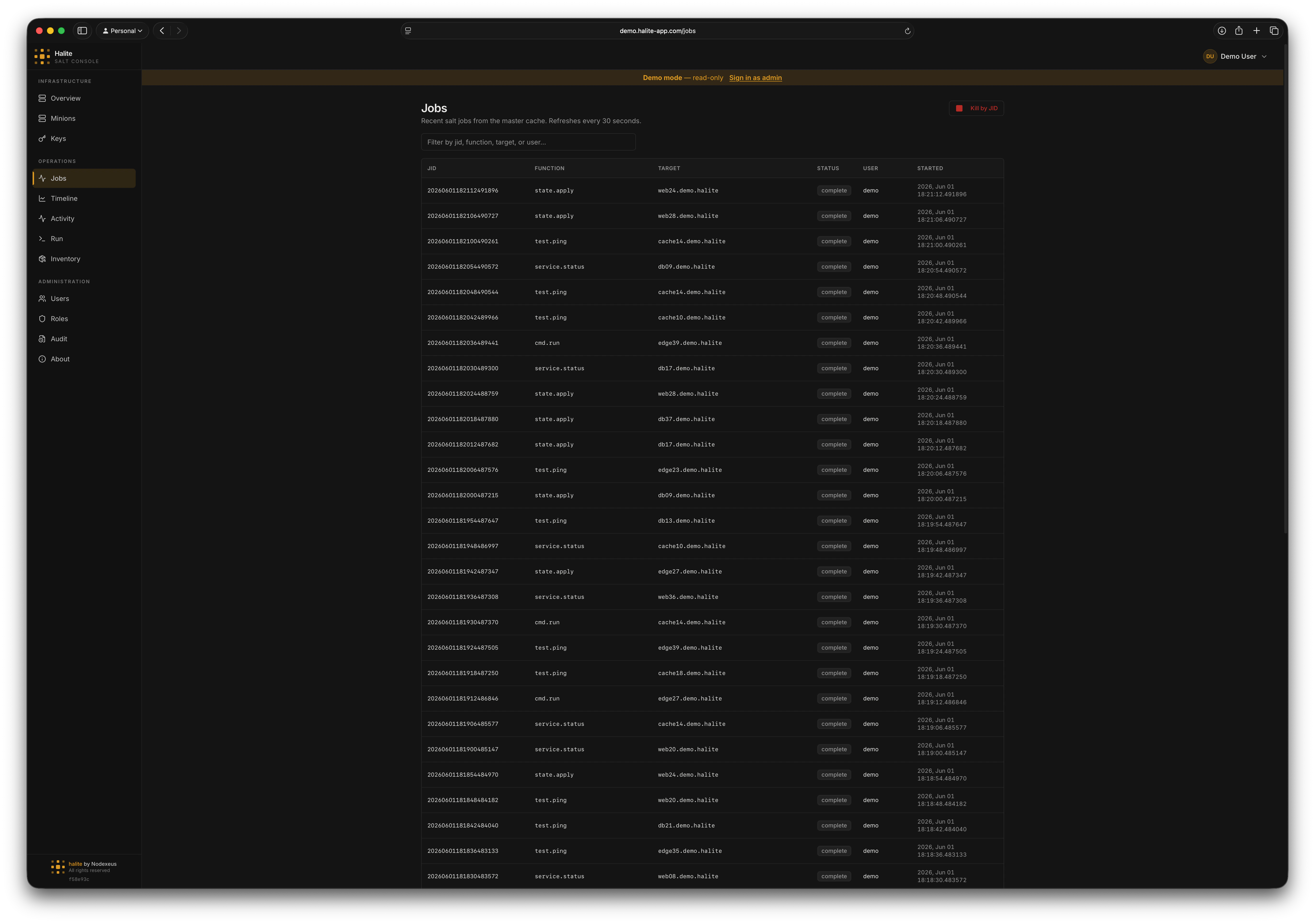 Table of recent Salt jobs with JID, function, target, user, and status columns
