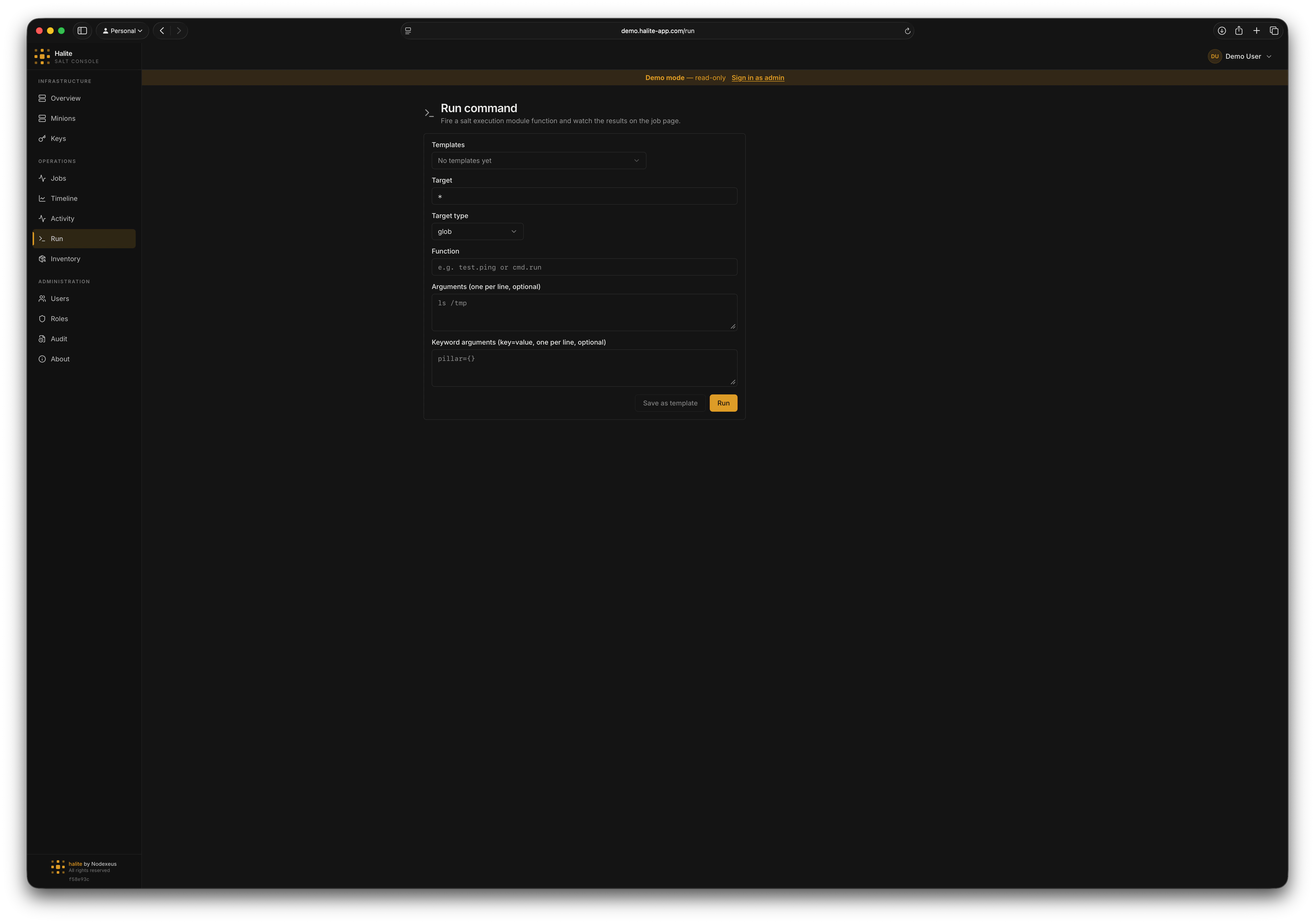 Run command form with fields for target, target type, function, args, and kwargs