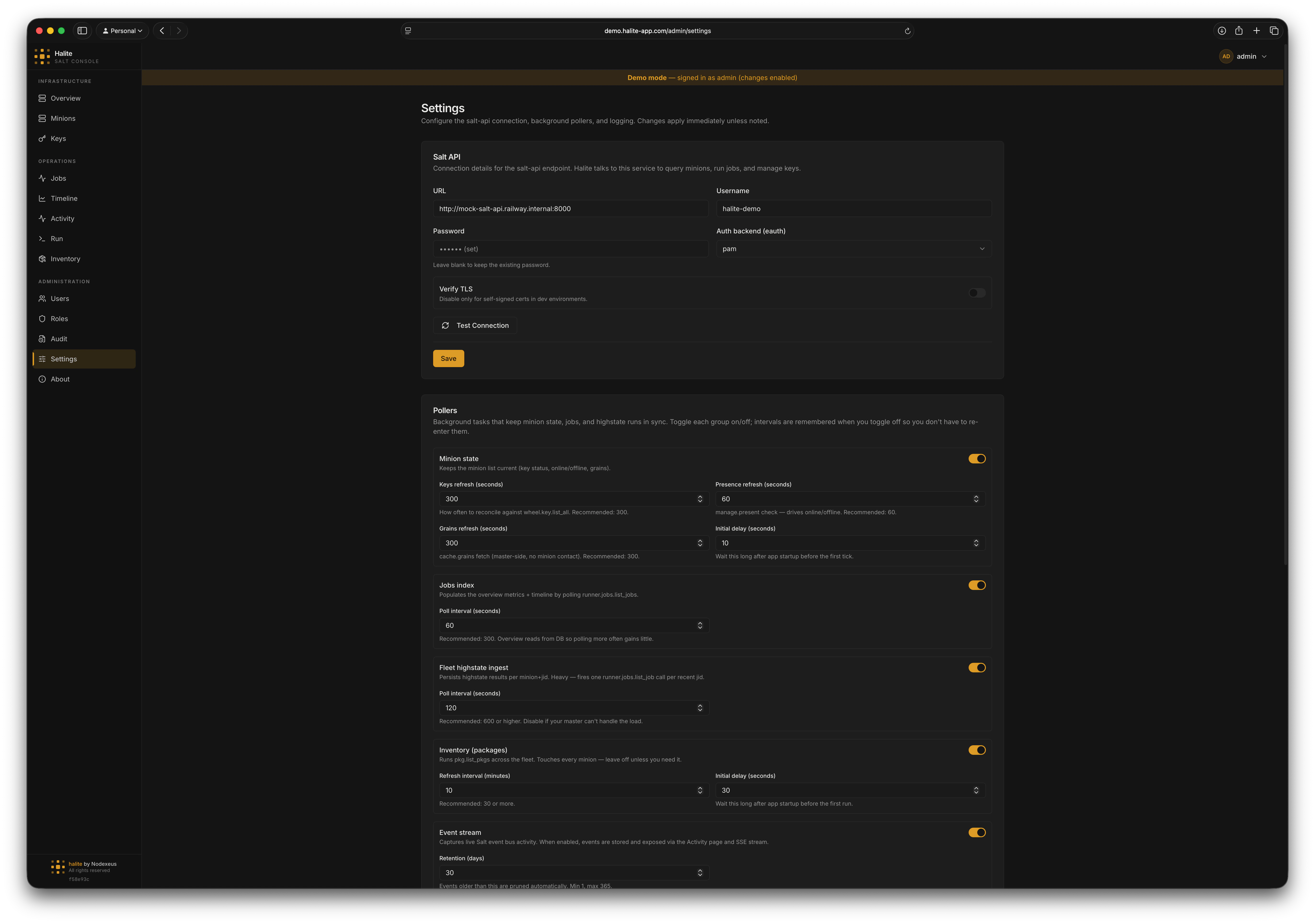 Settings form with Salt API URL, username, eauth, TLS verify toggle, and poller interval fields