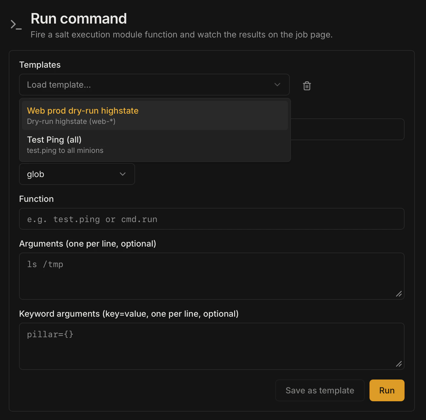 Command templates list with name, description, owner, function, and shared badge columns