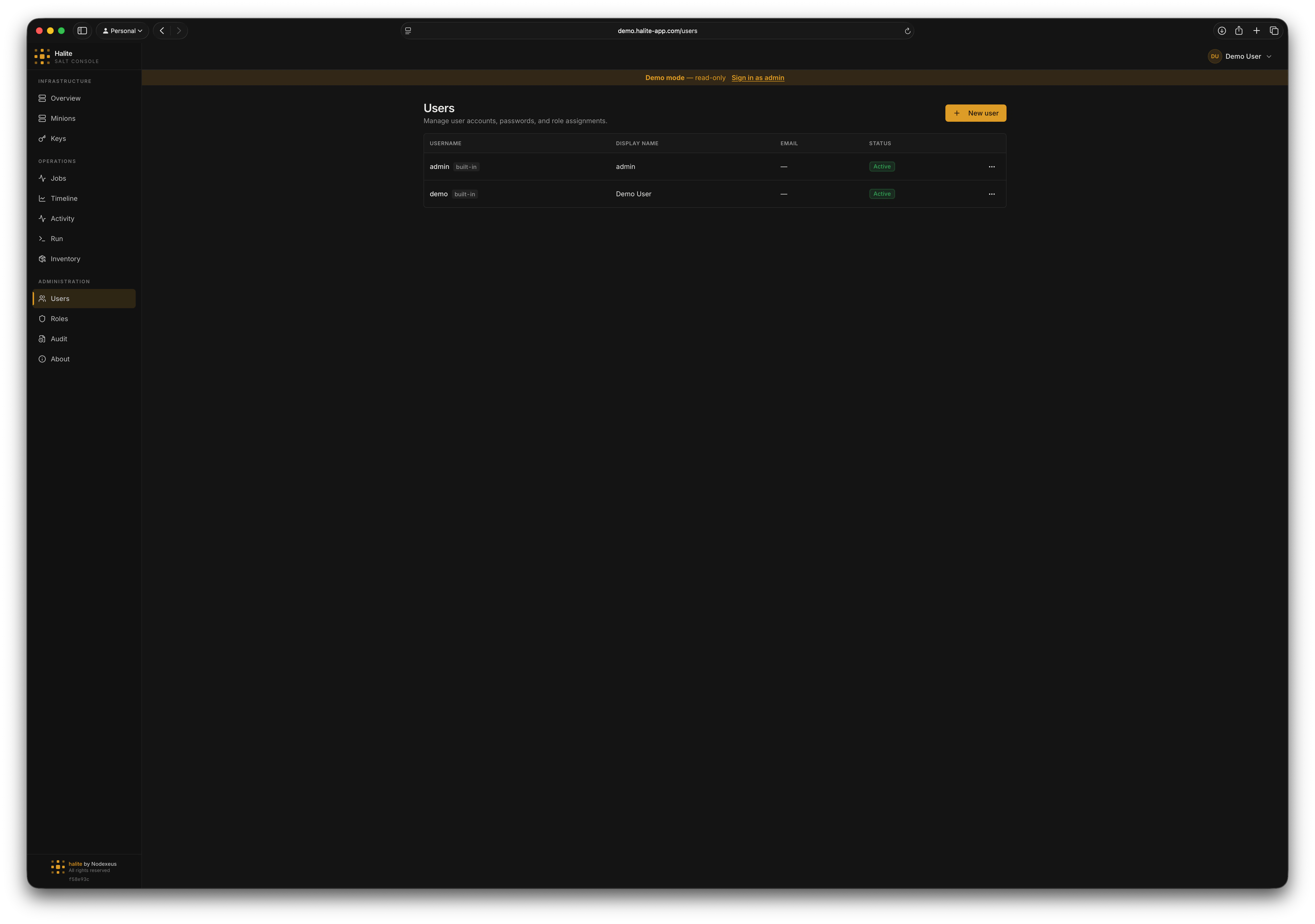 Table of Halite users with username, display name, email, active badge, and last login timestamp