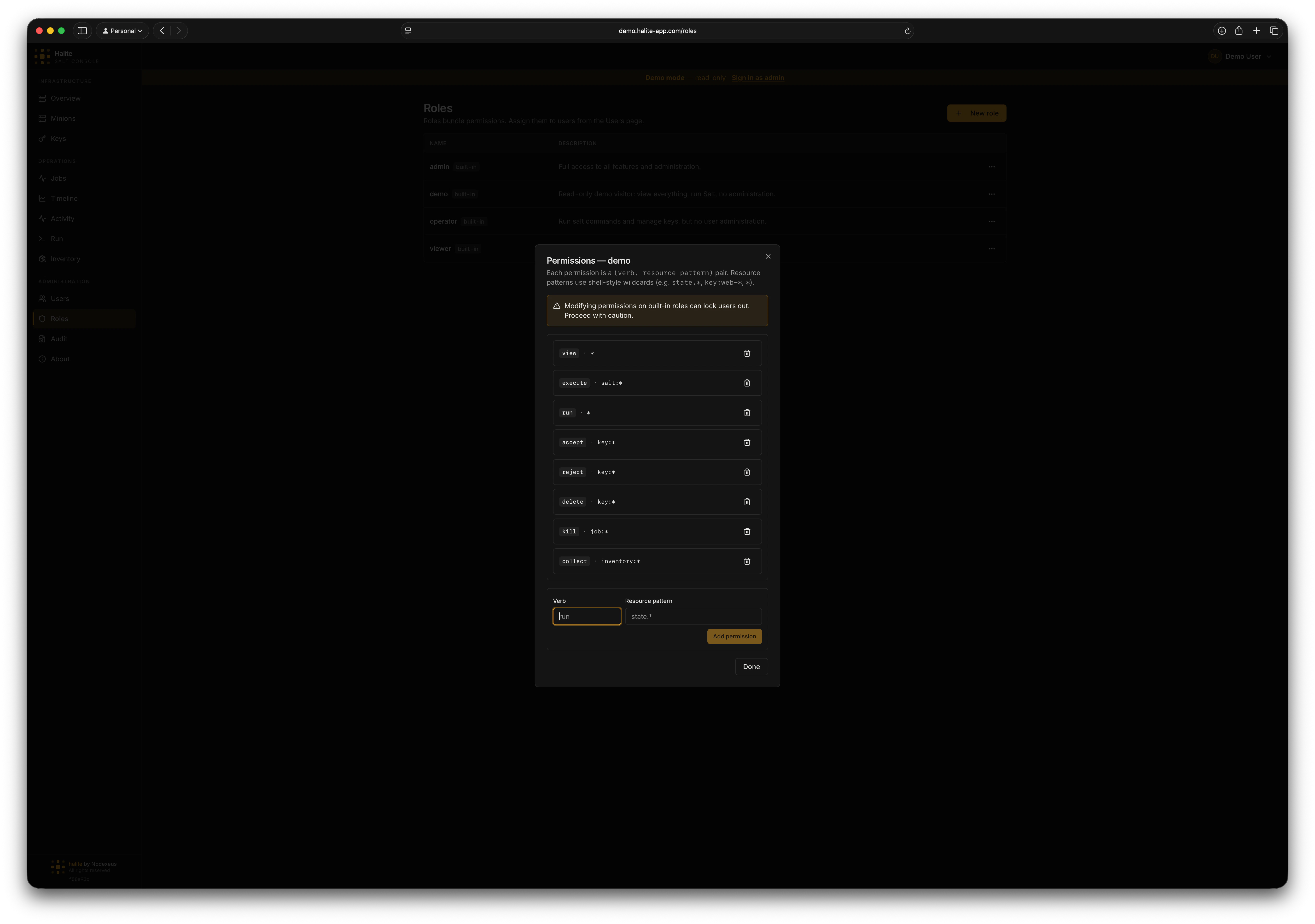 Role detail panel with name, is_builtin badge, and a table of verb/resource_glob permission rows