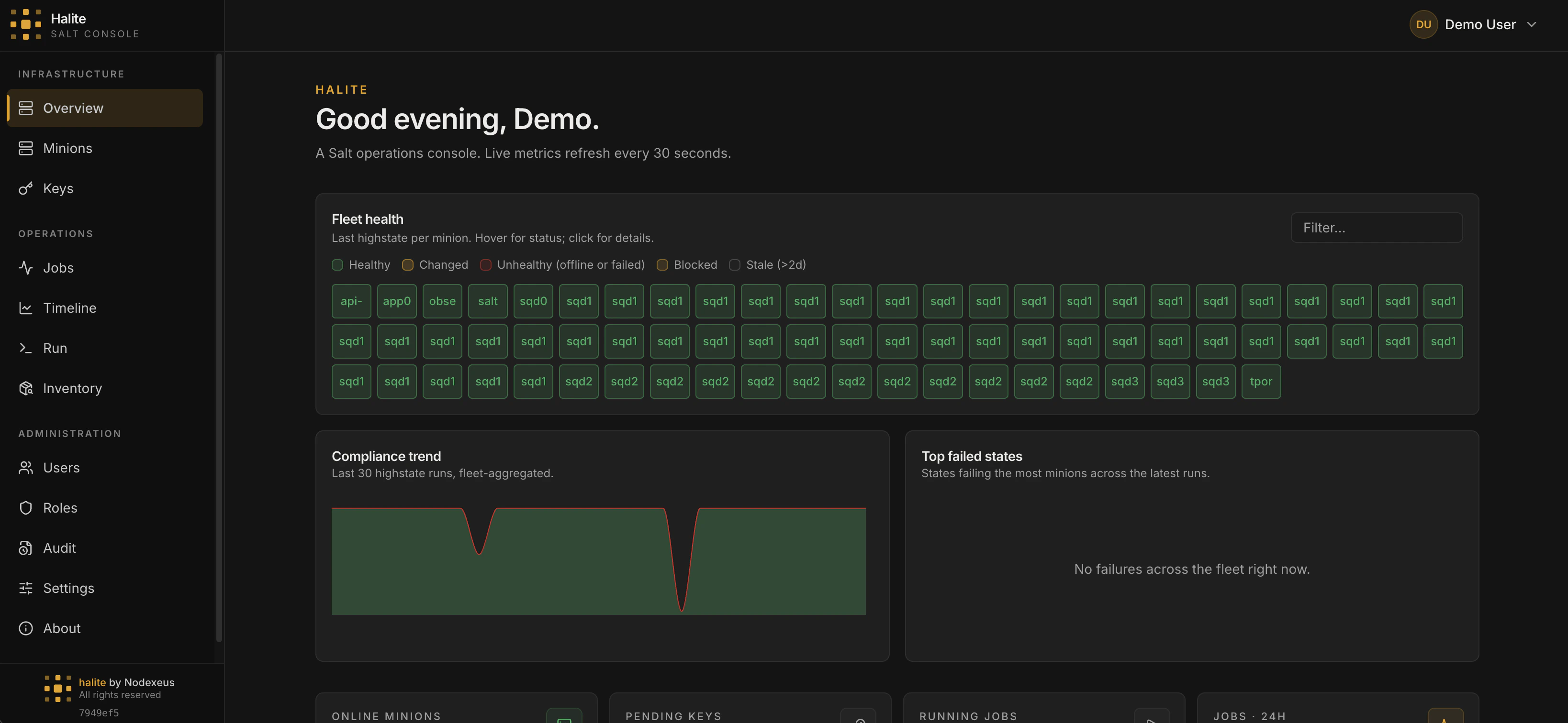 Halite Overview dashboard with KPI tiles and three charts