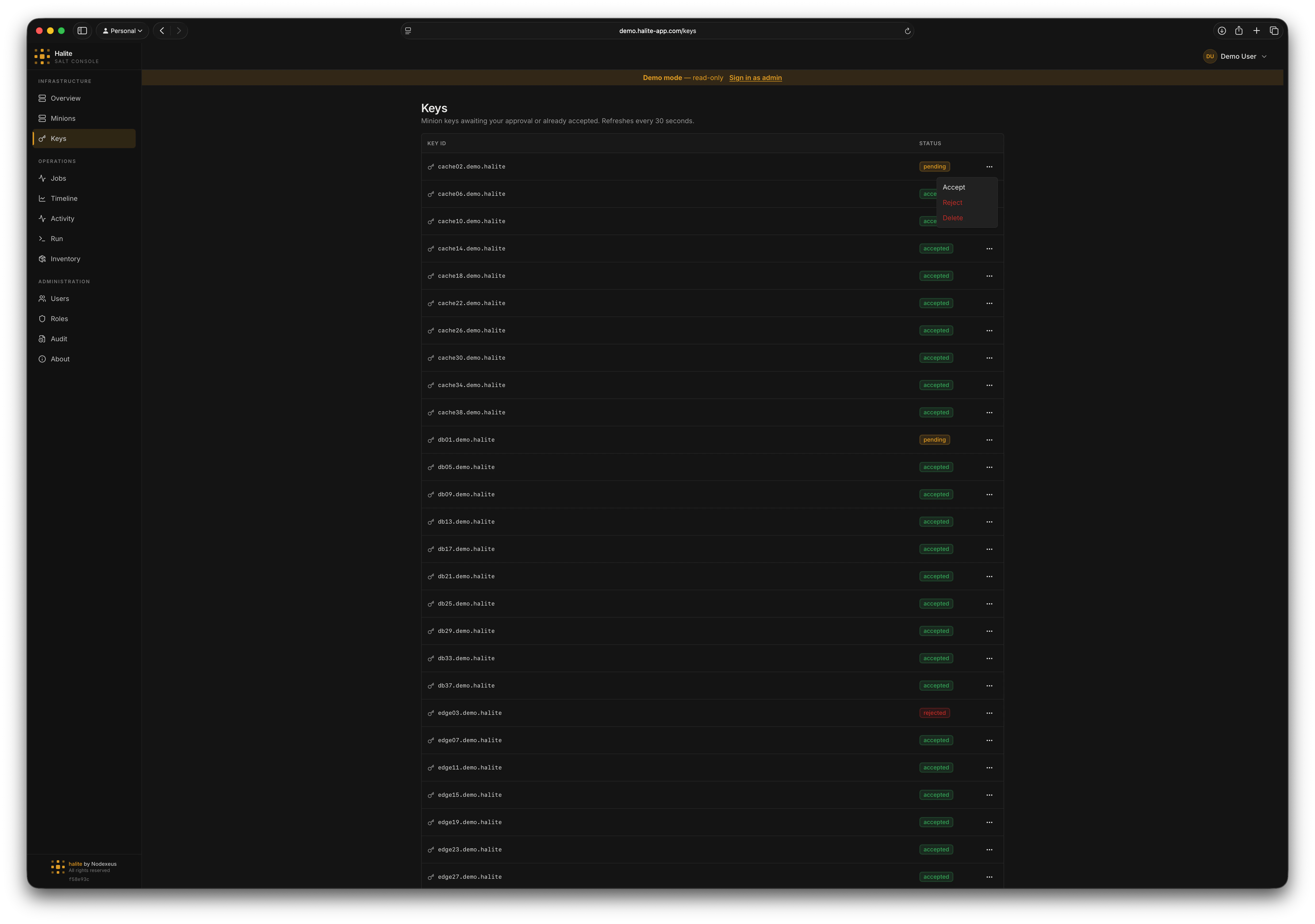 Keys table grouped by status with Accept, Reject, and Delete action buttons