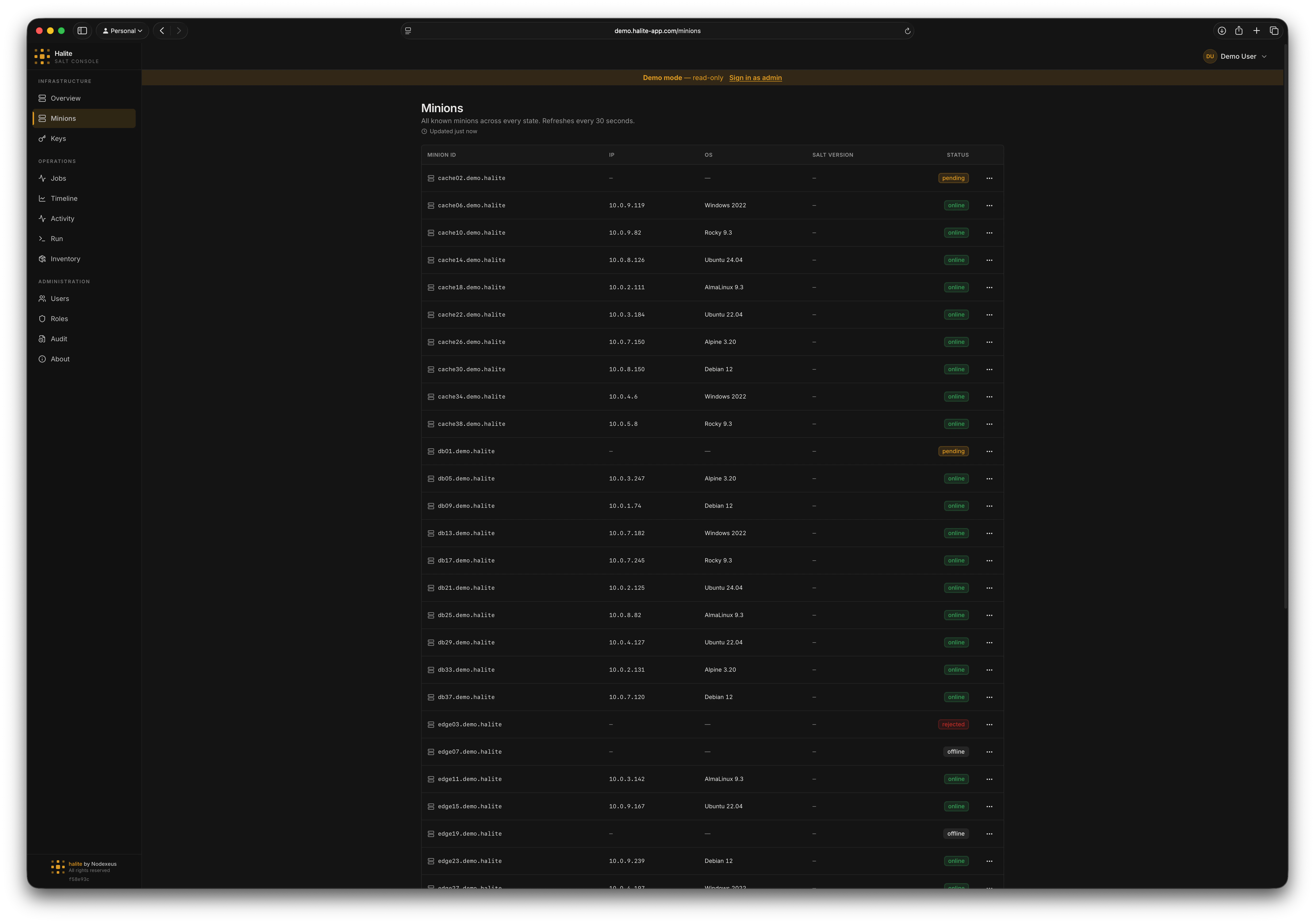 Table of minions with status badges, IP addresses, OS names, and Salt versions