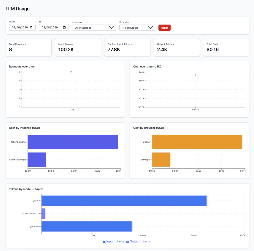 LLM Usage dashboard showing summary cards, request and cost charts, and per-instance and per-provider breakdowns
