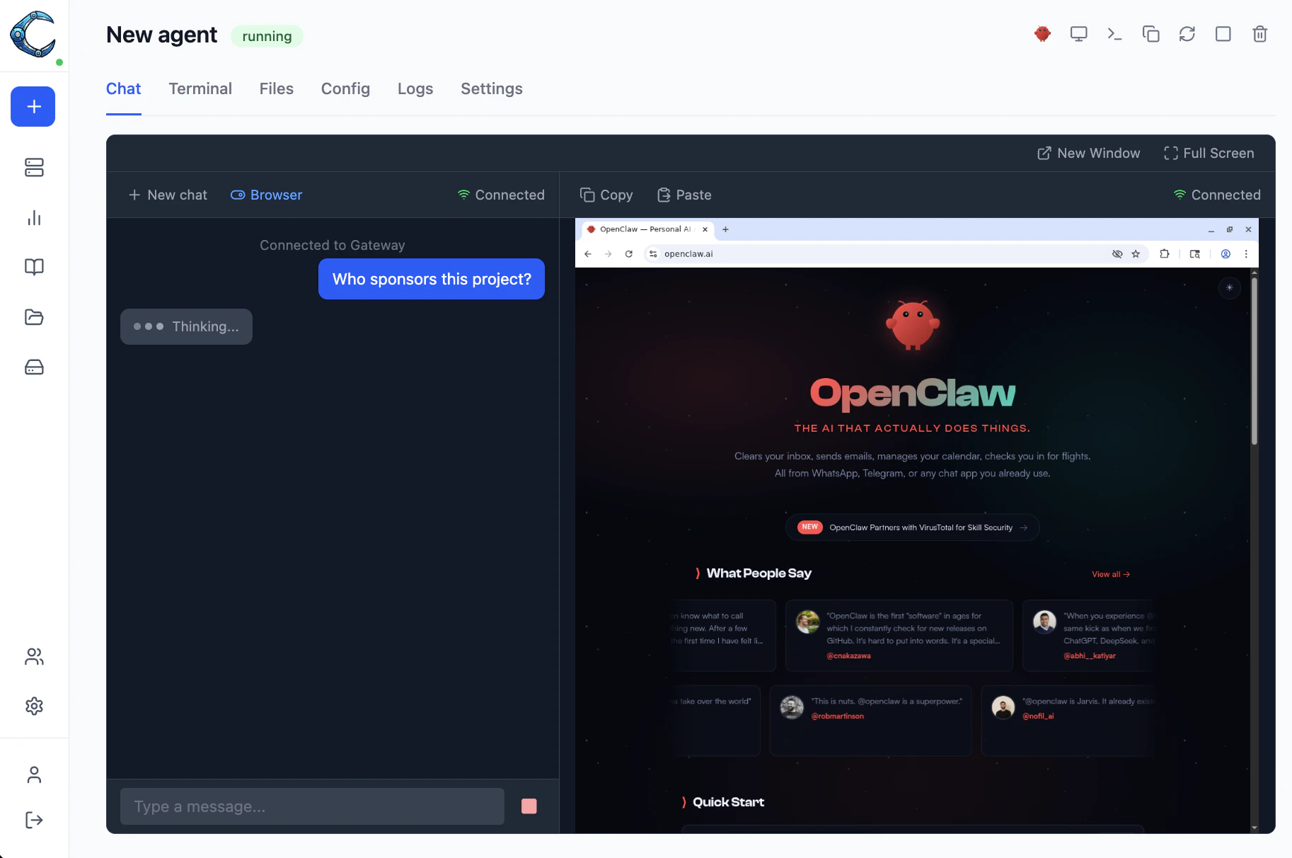 Webchat panel running side by side with the embedded browser
