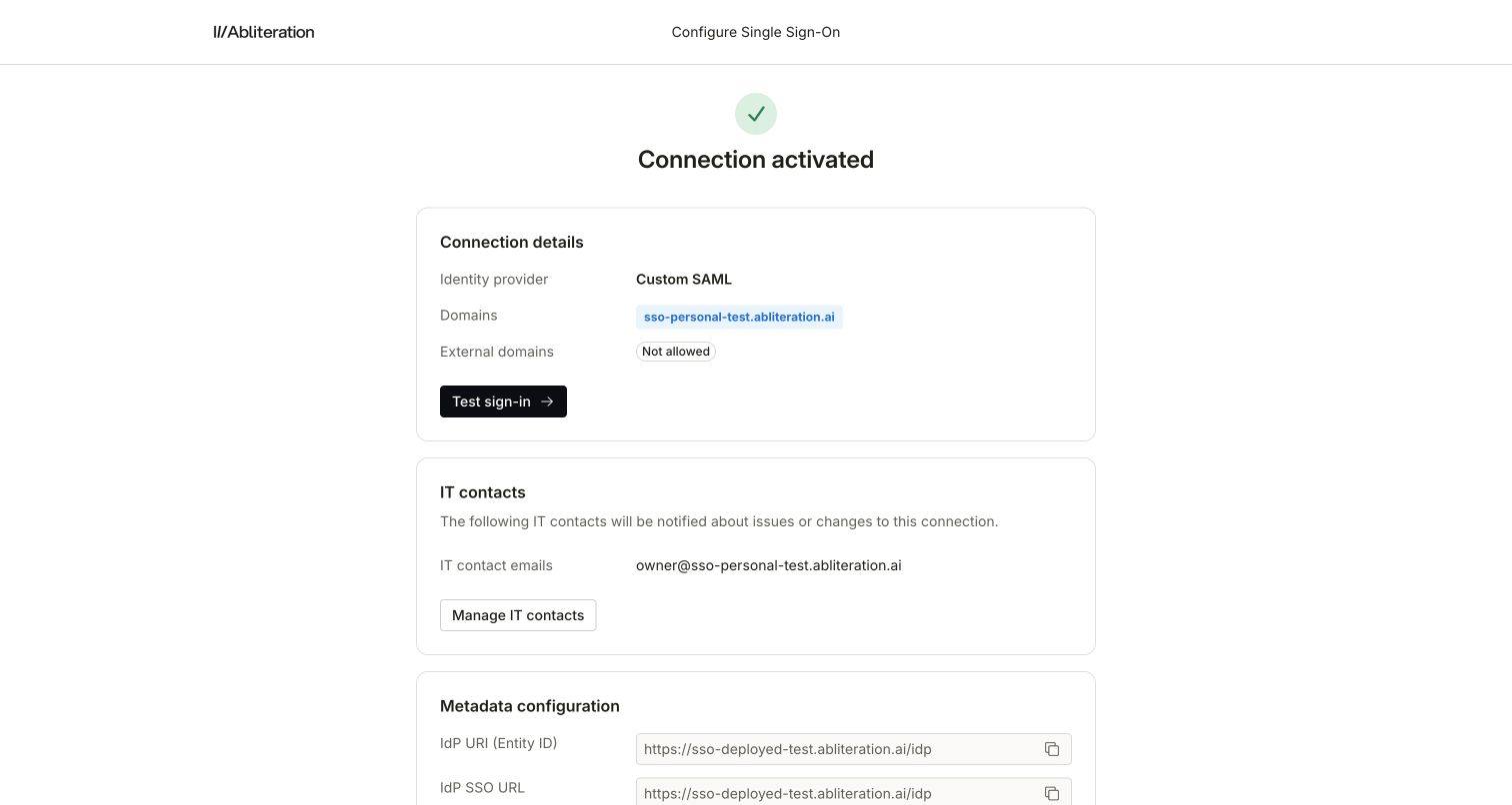 Abliteration setup portal showing an activated SAML connection, its verified example domain, IT contact, and Test sign-in button