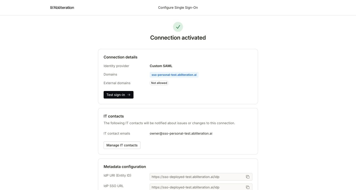 Abliteration setup portal showing an activated SAML connection, its verified example domain, IT contact, and Test sign-in button