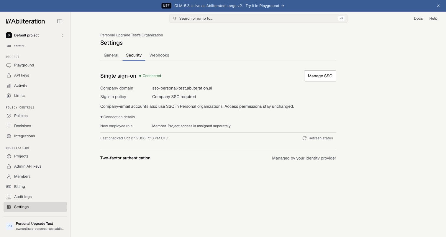 Example Enterprise Security settings showing Manage SSO, Company SSO required, the Member role for new employees, and two-factor authentication managed by the identity provider