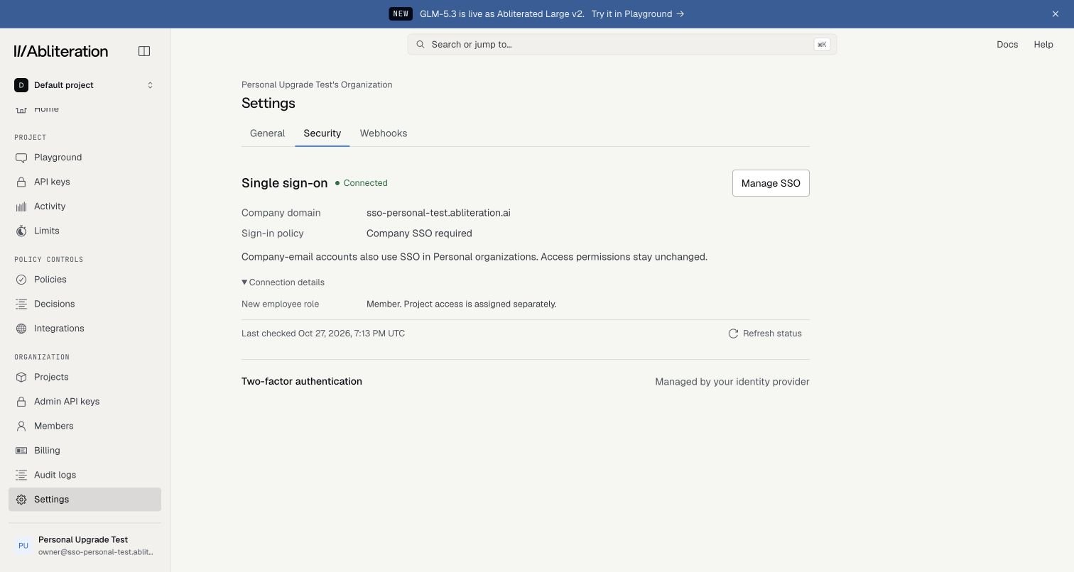 Example Enterprise Security settings showing Manage SSO, Company SSO required, the Member role for new employees, and two-factor authentication managed by the identity provider