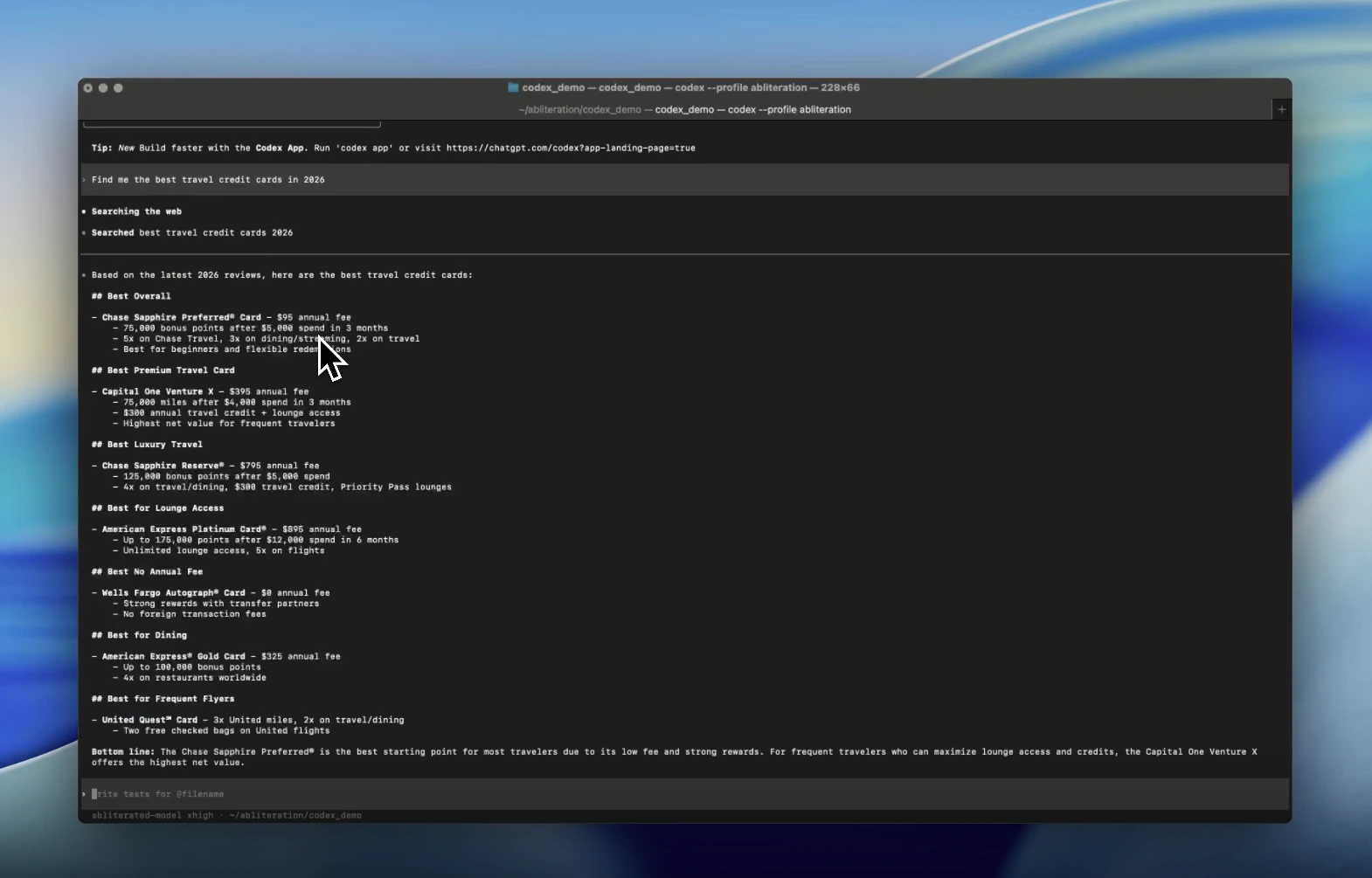 OpenAI Codex CLI calling web_search via abliteration.ai with a cited URL in the response