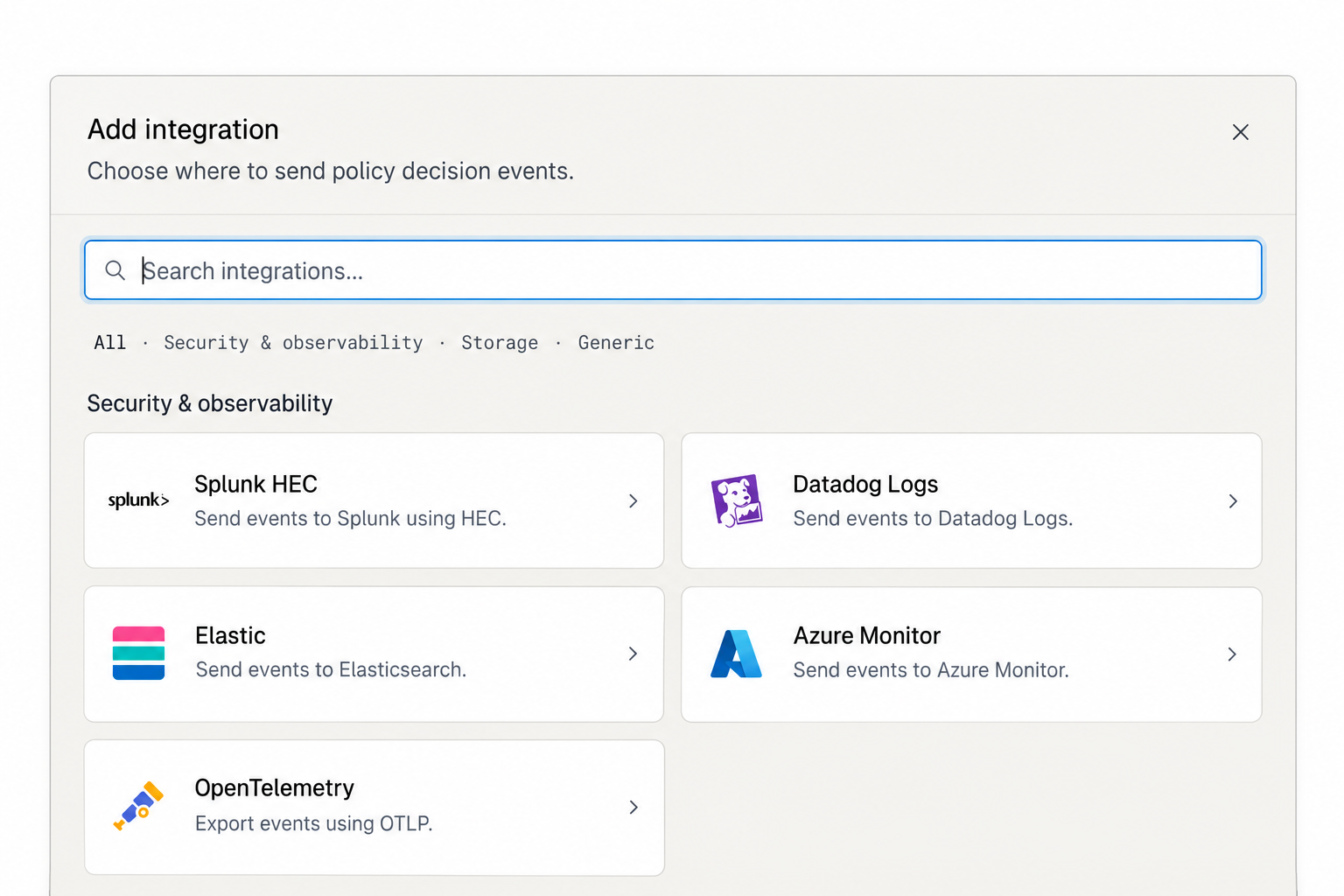 Add integration dialog showing the Security and observability category with Splunk HEC, Datadog Logs, Elastic, Azure Monitor, and OpenTelemetry