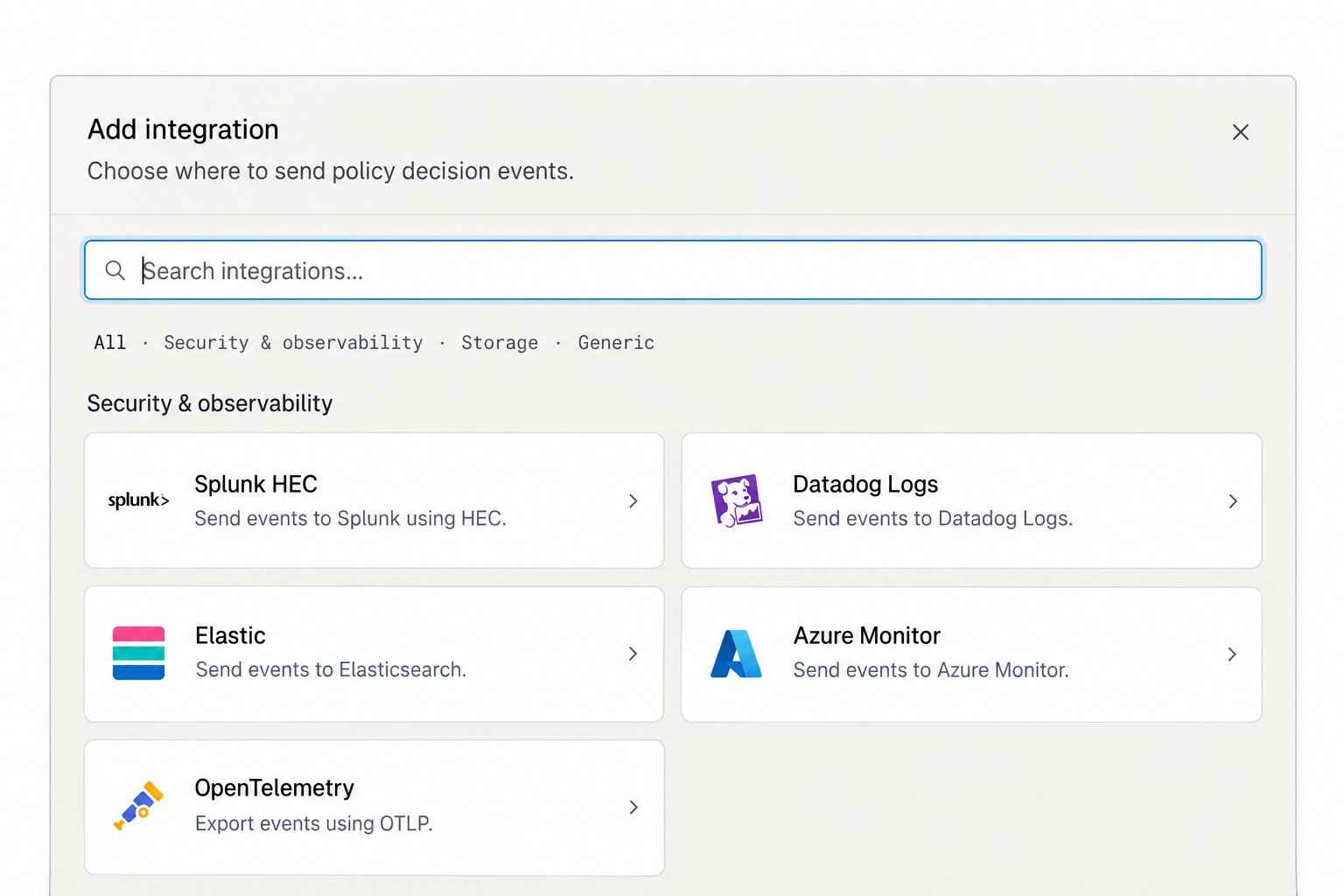 Add integration dialog showing the Security and observability category with Splunk HEC, Datadog Logs, Elastic, Azure Monitor, and OpenTelemetry