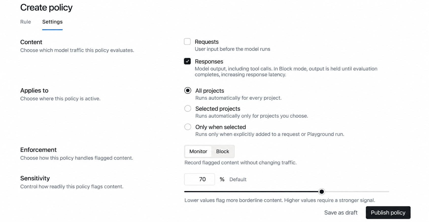 Create policy Settings tab with Responses selected, All projects selected, Monitor mode, and 70 percent sensitivity