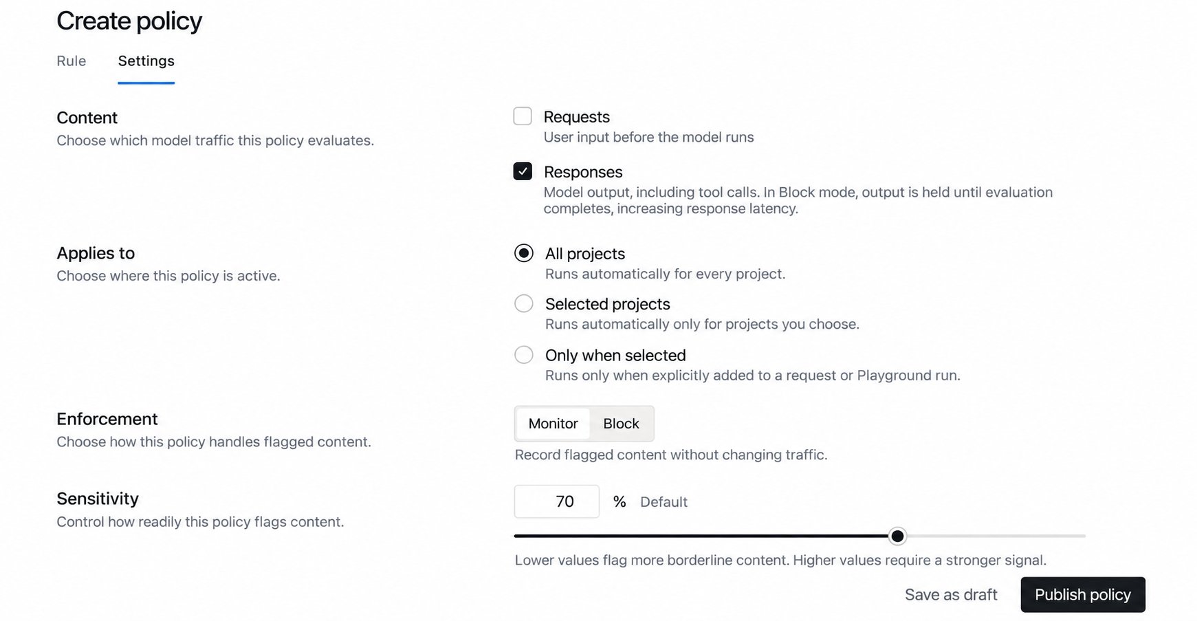 Create policy Settings tab with Responses selected, All projects selected, Monitor mode, and 70 percent sensitivity