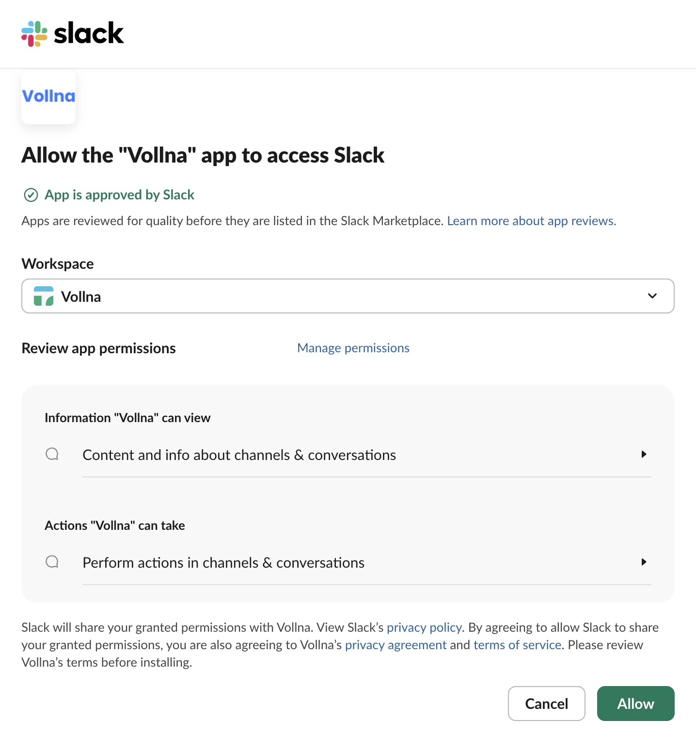 Slack authorization screen for connecting Vollna to a workspace