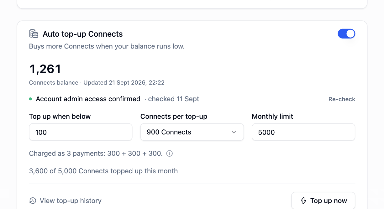 Auto top-up section with balance, threshold, amount and monthly limit