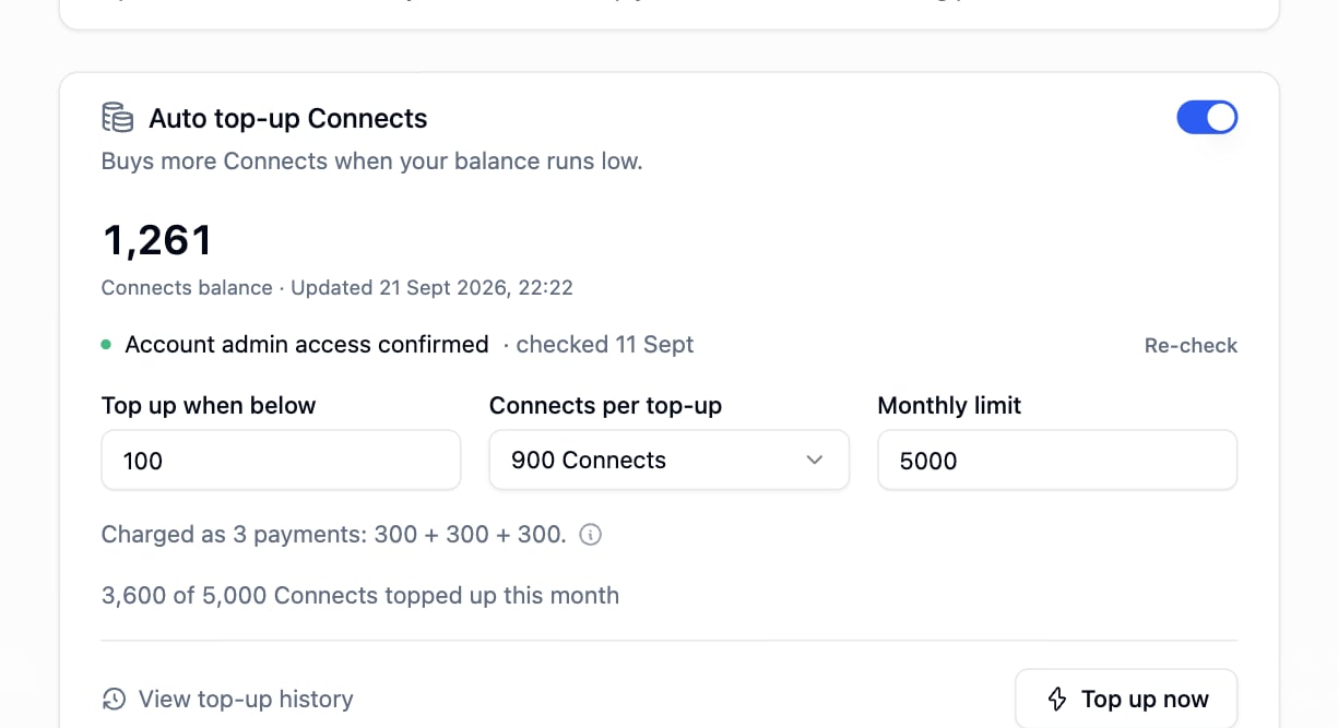 Auto top-up section with balance, threshold, amount and monthly limit