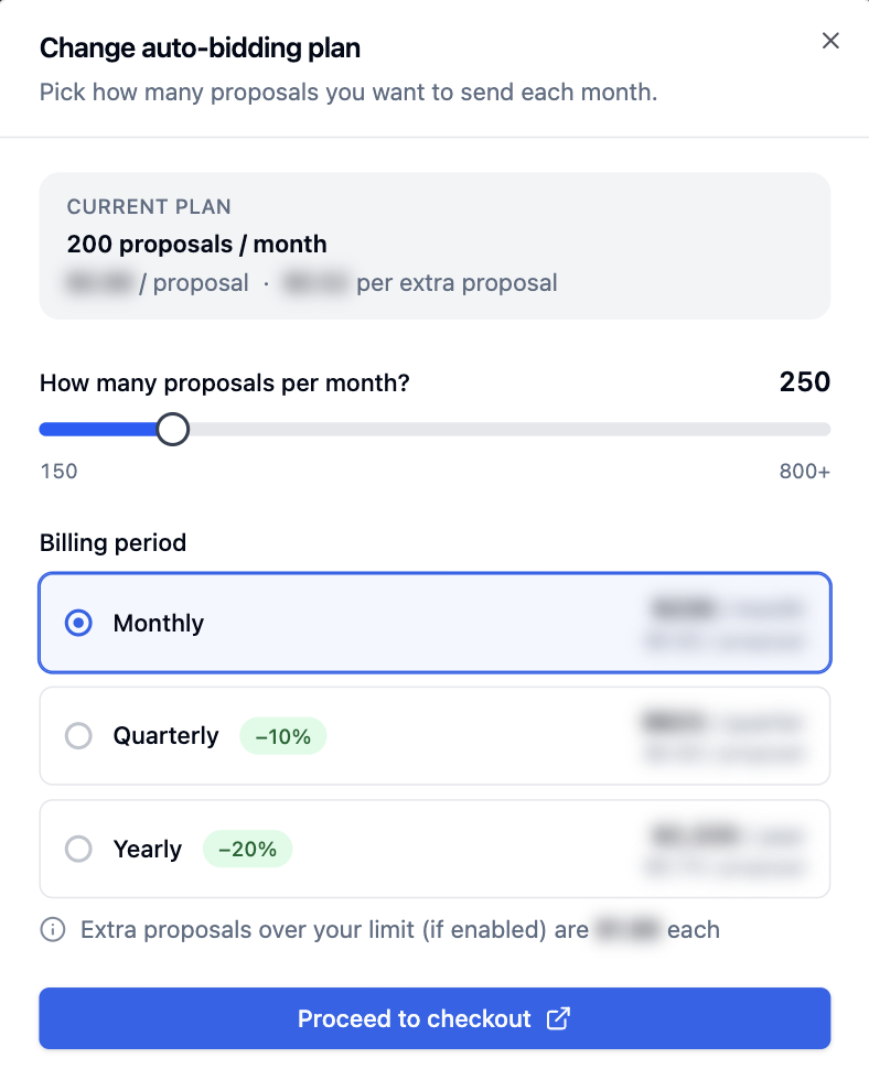 Upgrade plan modal with the volume slider