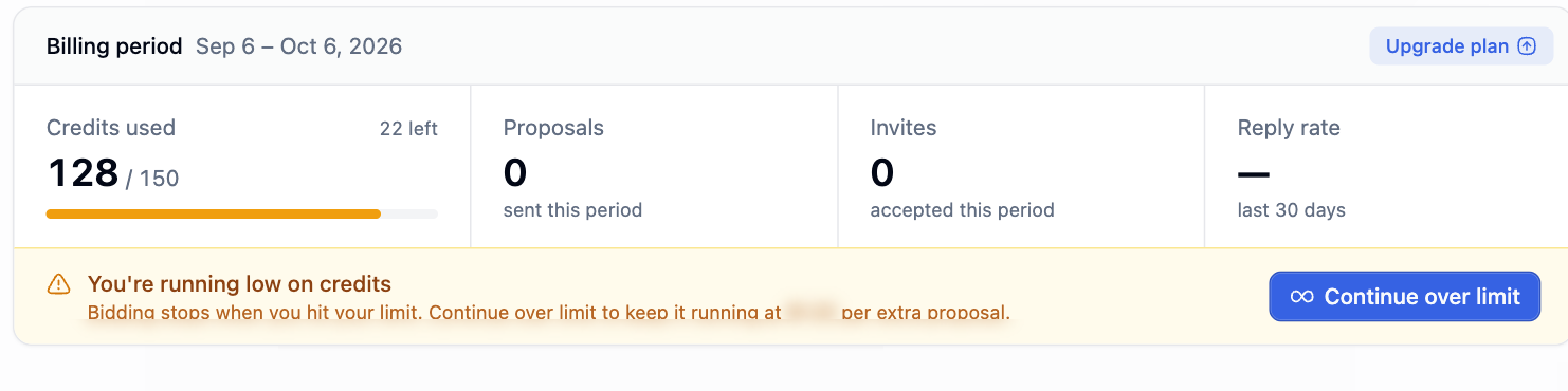 Usage strip with the low credits warning and the Continue over limit button