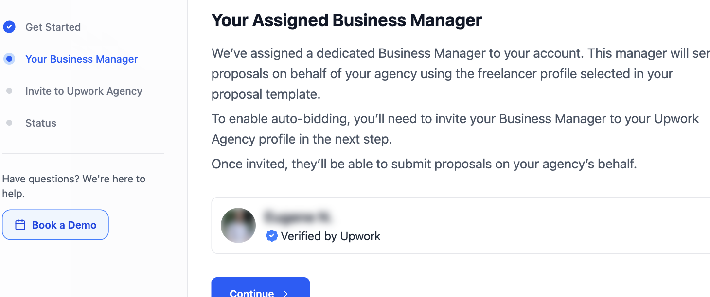 Your Assigned Business Manager step with the manager card