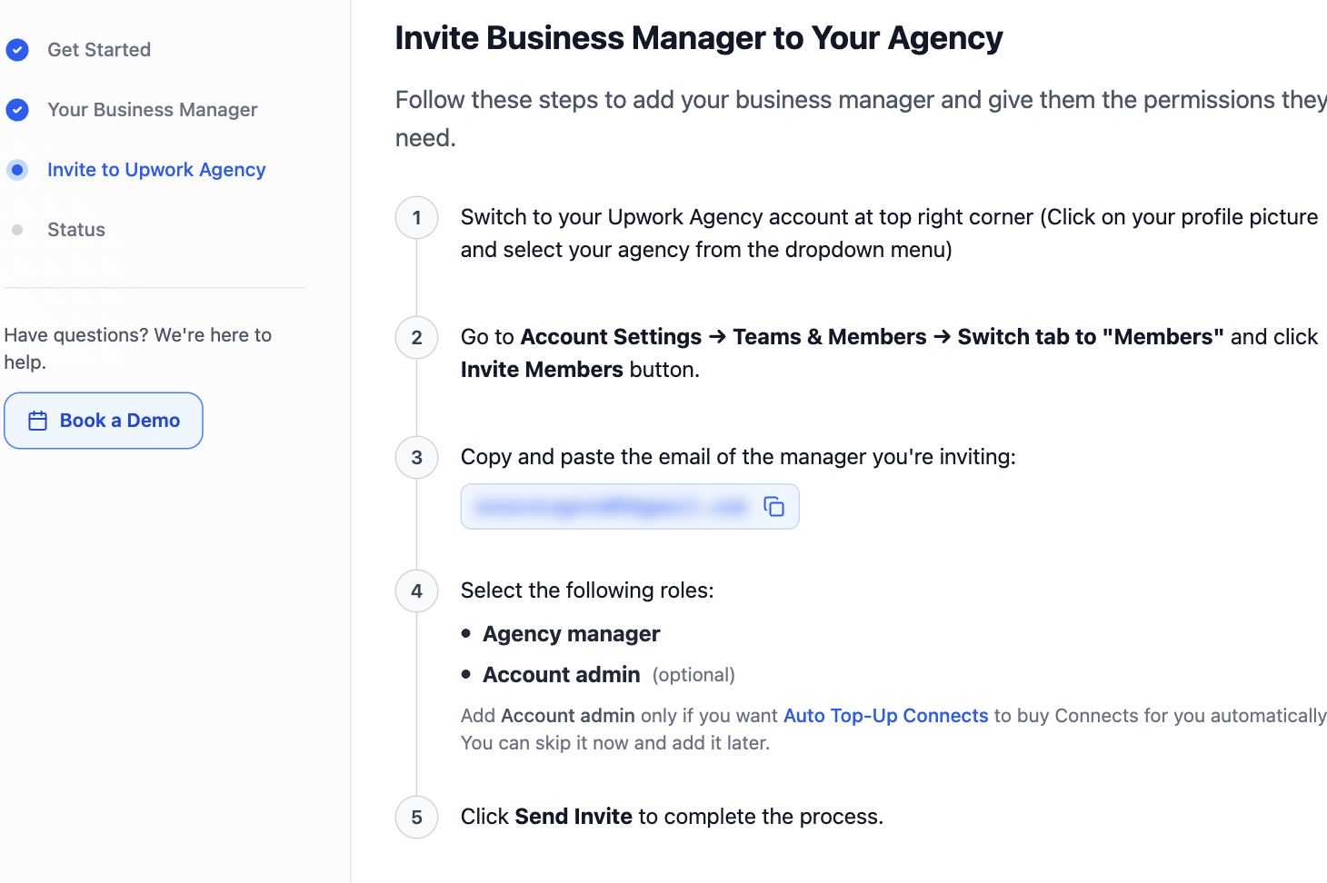 Invite Business Manager to Your Agency step with the five numbered instructions