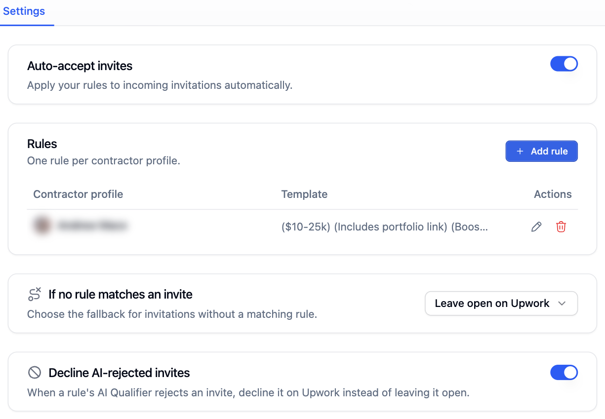 Rules table with one rule per contractor profile