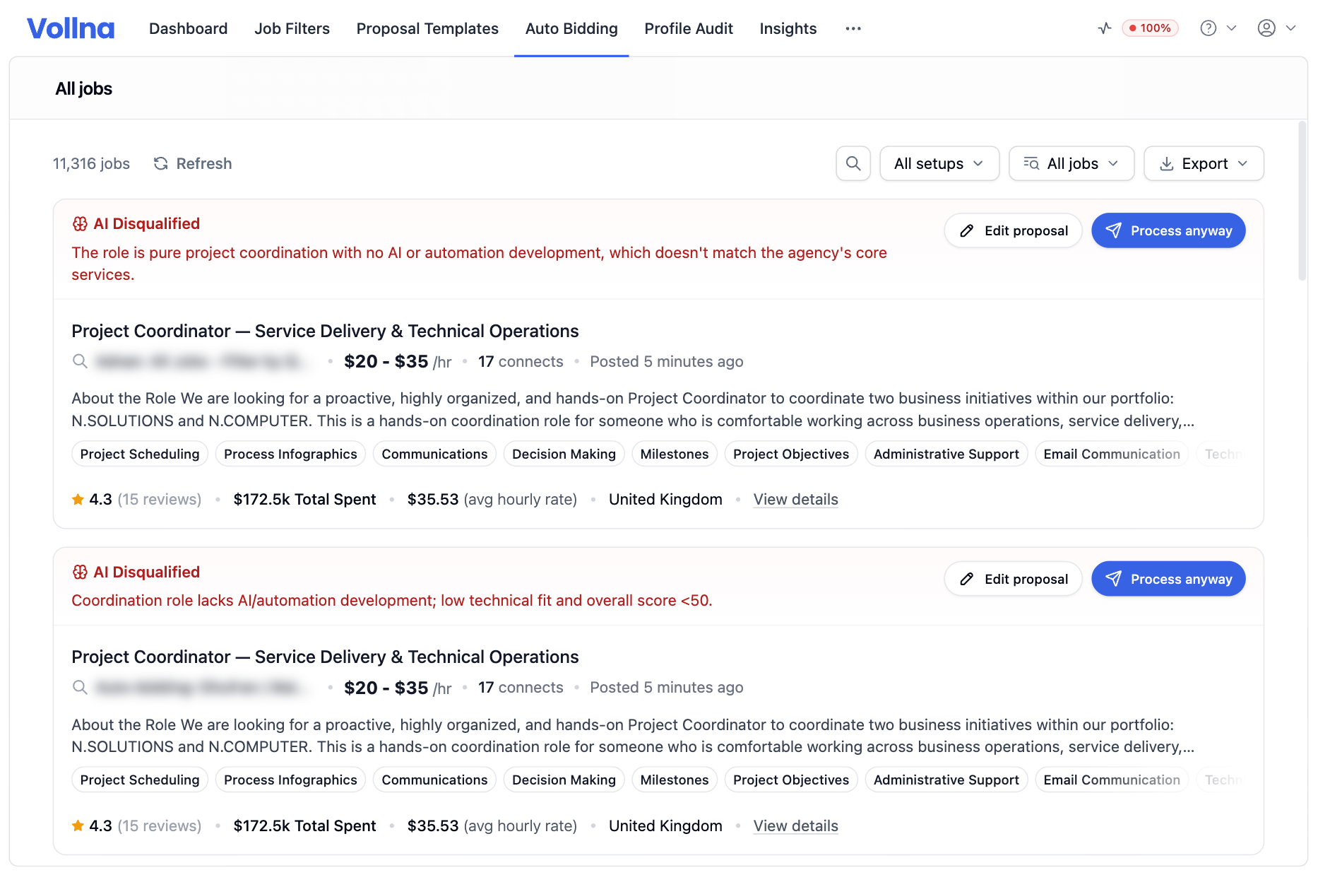 All jobs page with the status filter and three job cards