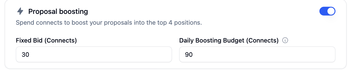 Proposal boosting card with the fixed bid and daily budget fields