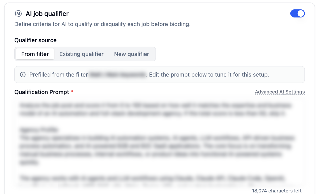 AI job qualifier card with the source control and the prompt