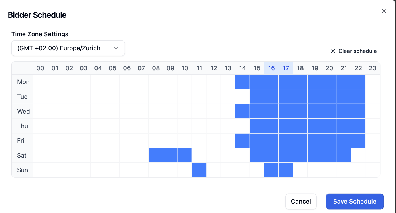 Bidder Schedule dialog with the timezone selector and the weekly grid