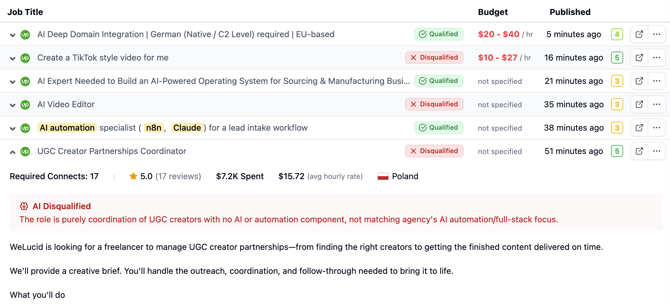 Job feed with Qualified and Disqualified pills and the AI Disqualified reason on an expanded job
