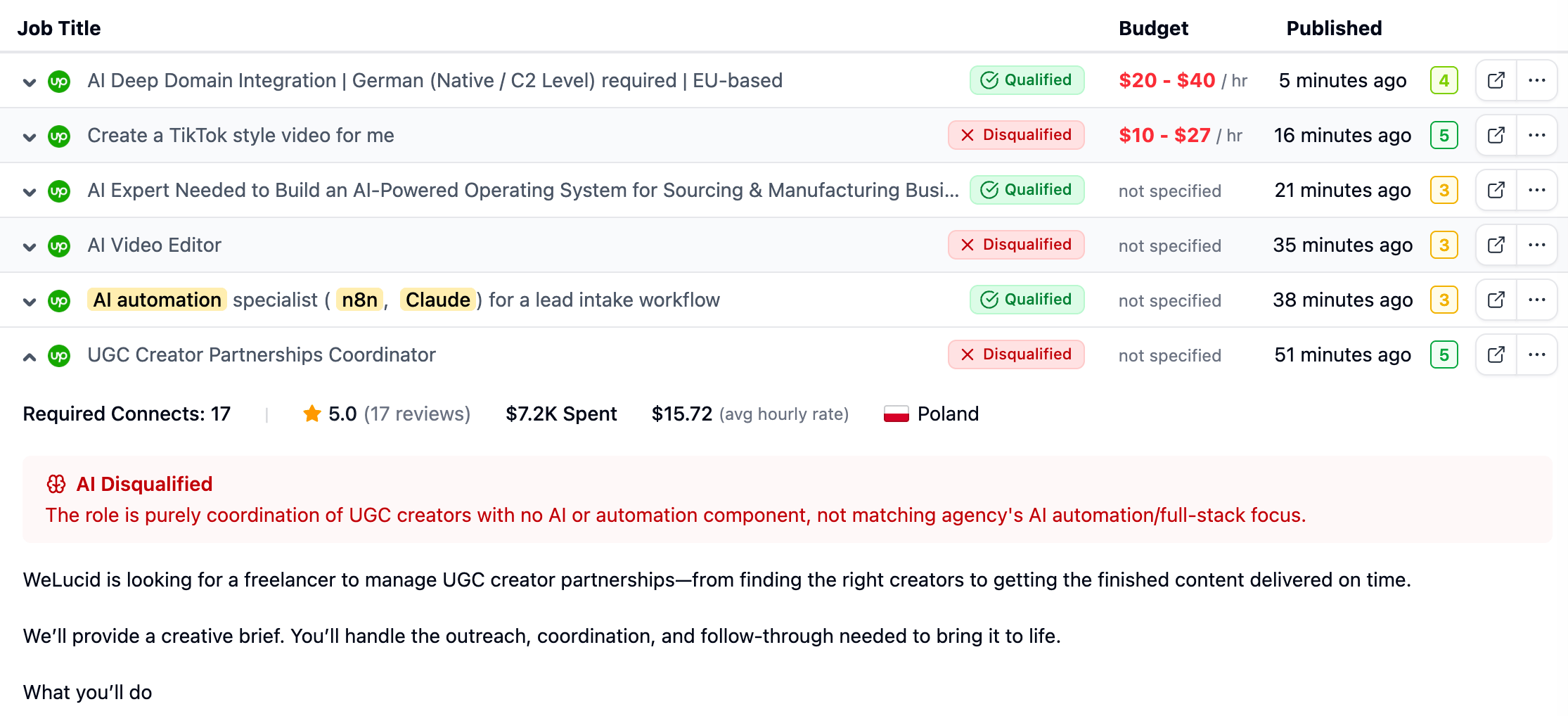 Job feed with Qualified and Disqualified pills and the AI Disqualified reason on an expanded job