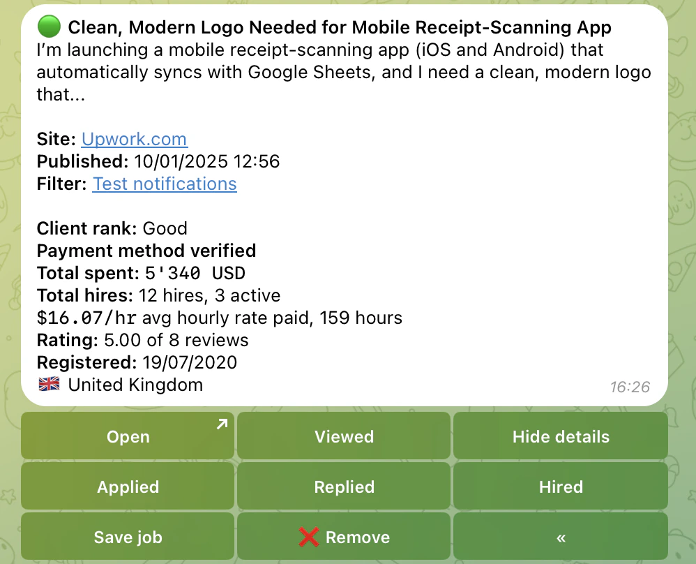 Detailed notification format in Telegram showing full job details